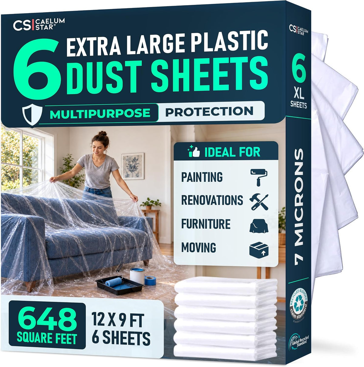 6-Pack Clear Plastic Dust Sheets for Painting & Decorating,12ft x 9ft Each