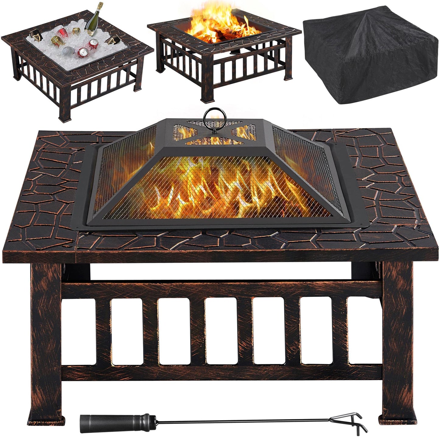 Yaheetech Outdoor Fire Pit 81cm Square Fire pits 3-in-1 Heat-resistant Metal Garden Stove for Barbecue, Heating, Cooling Drinks with Cover & Poker, Black