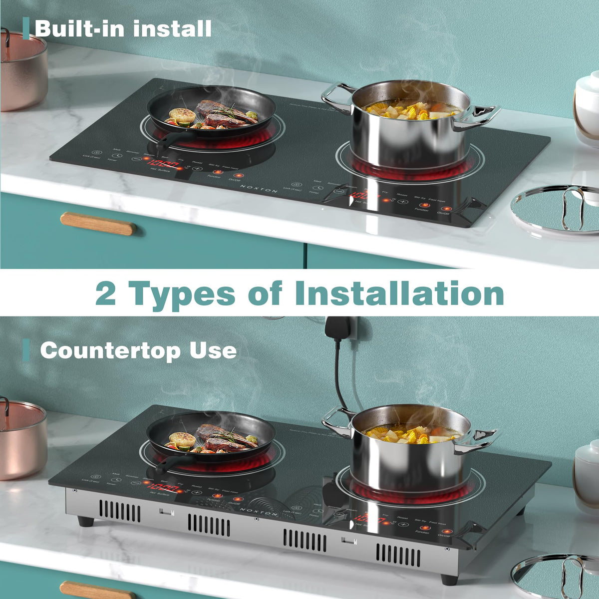 Noxton 2 Zone Ceramic Hob 30cm Electric Hob with Timer, Safe Lock, Pause Coutertop Use Hob with 13AMP Plug 2800W