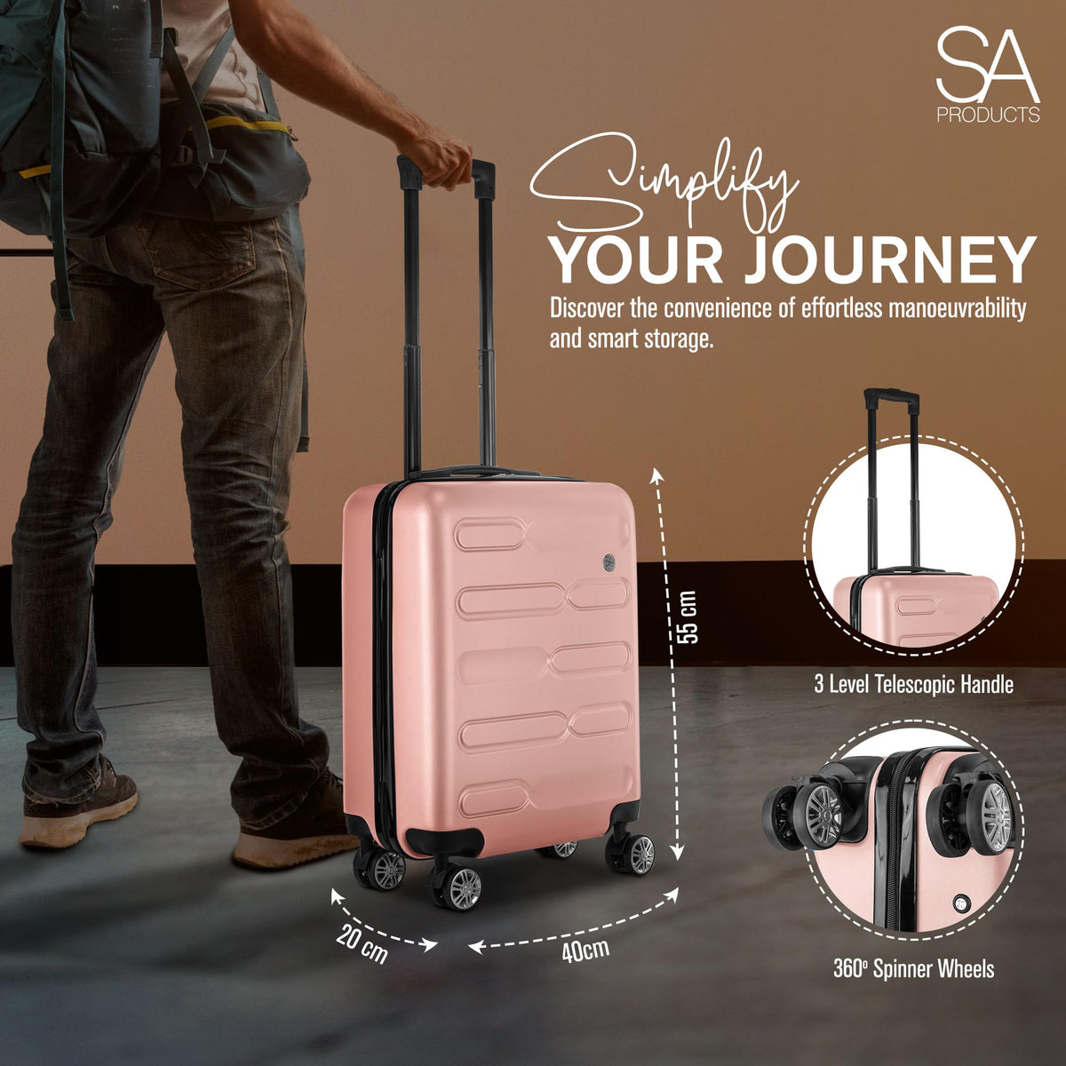 SA Products Cabin Suitcase - 34L Carry On Hard Shell Bag - 55x40x20 - Grey
