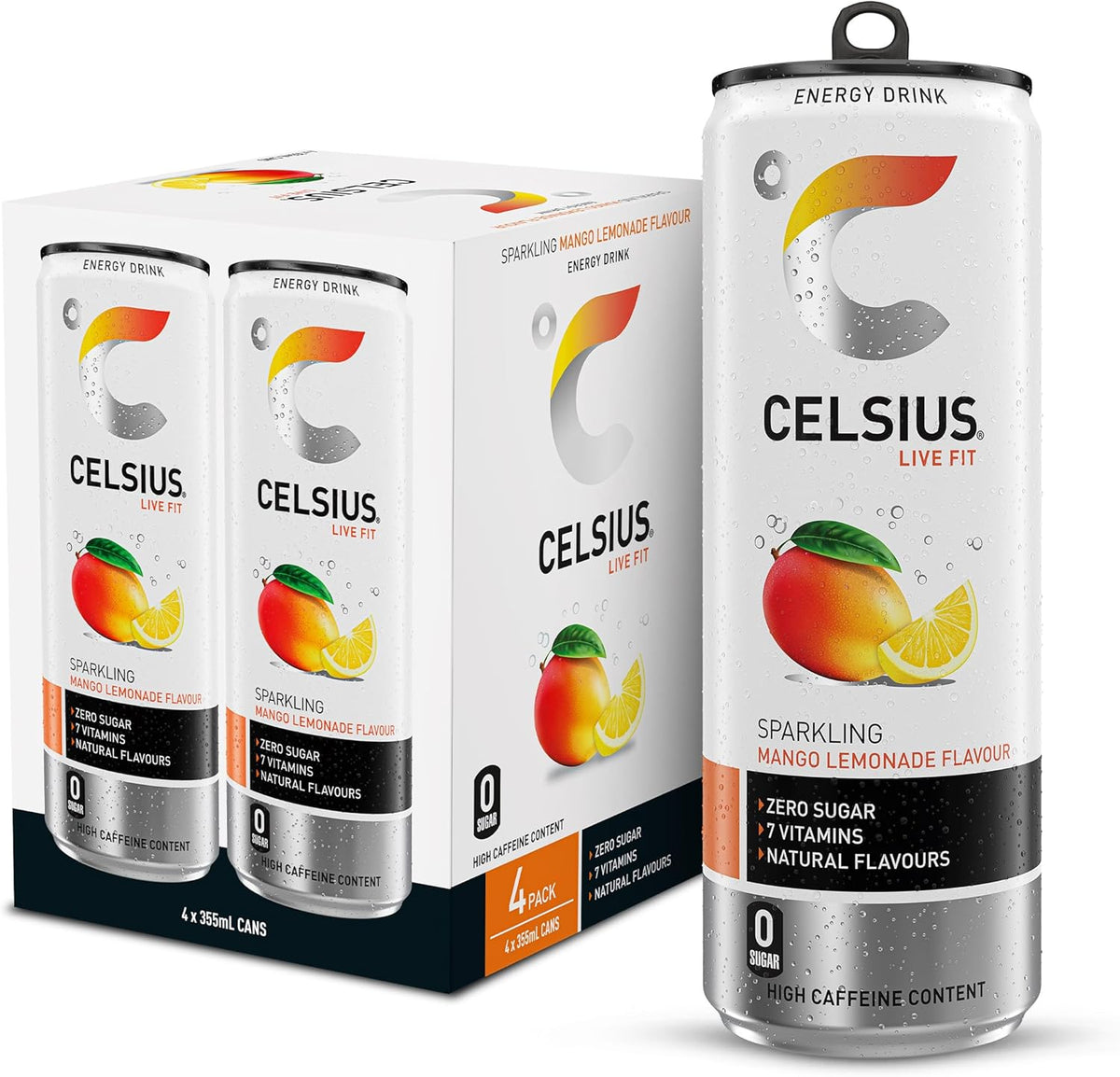 CELSIUS Energy Drink, Sparkling Mango Lemonade, Natural Flavours. No Artificial Colours, Sugar Free Energy Drinks, 355 mL, 4-Pack