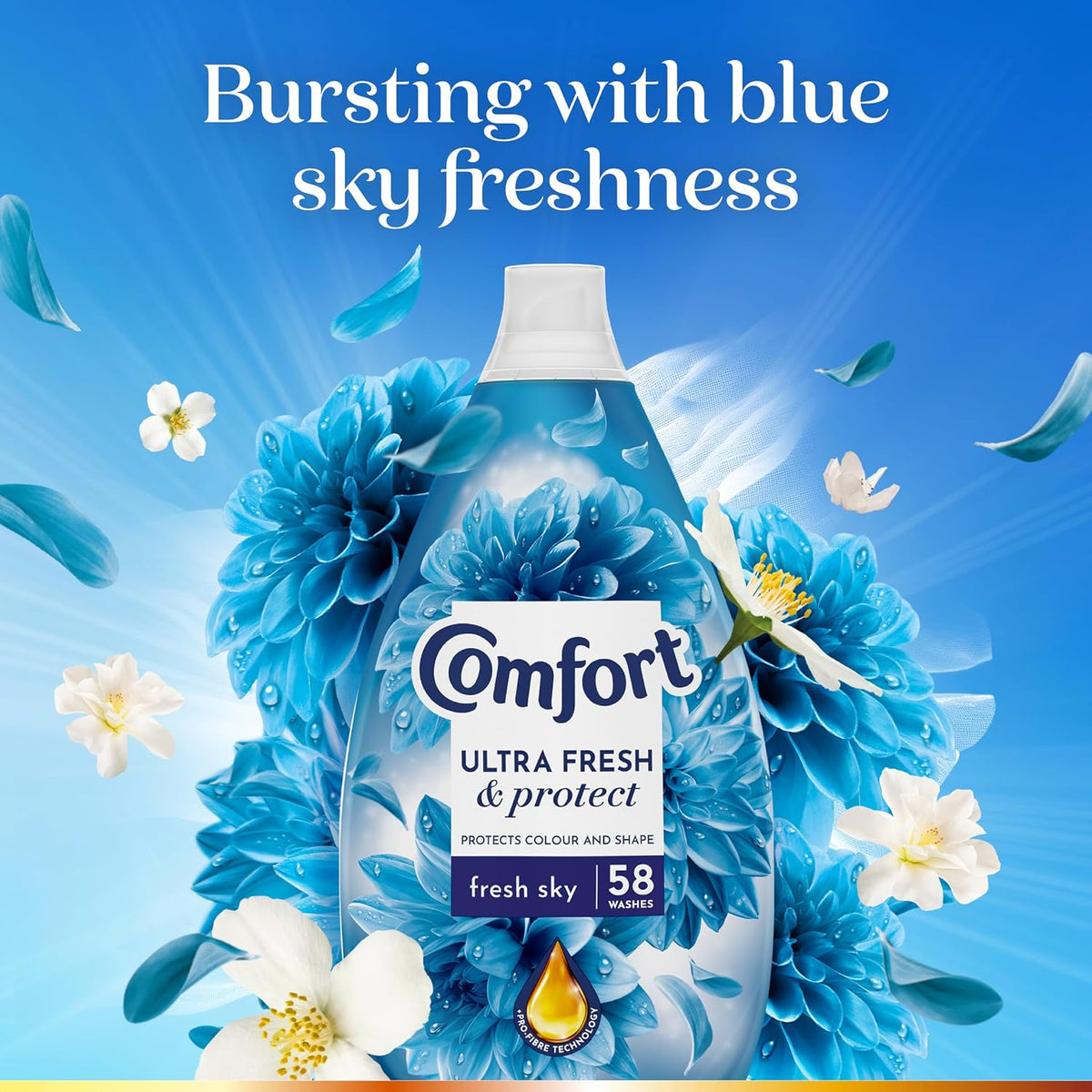 Comfort Ultra Fresh Fabric Conditioner Fresh Sky, 58 Washes (870 ml) – Infused with Essential Oils, Long-Lasting Fragrance