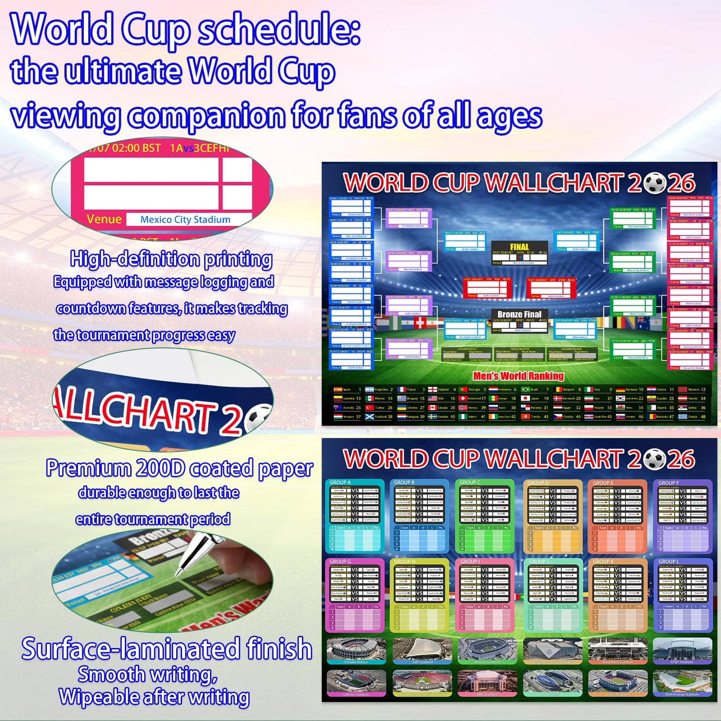 Aurblyn 11 Pcs World Cup Football 2026 Tournament Fixtures Folded Poster Handwritten Watercolour Pen World 8adhesive Backing 87x58cm For Bedroom For Men and Women Gifts for Fans (Background -4)