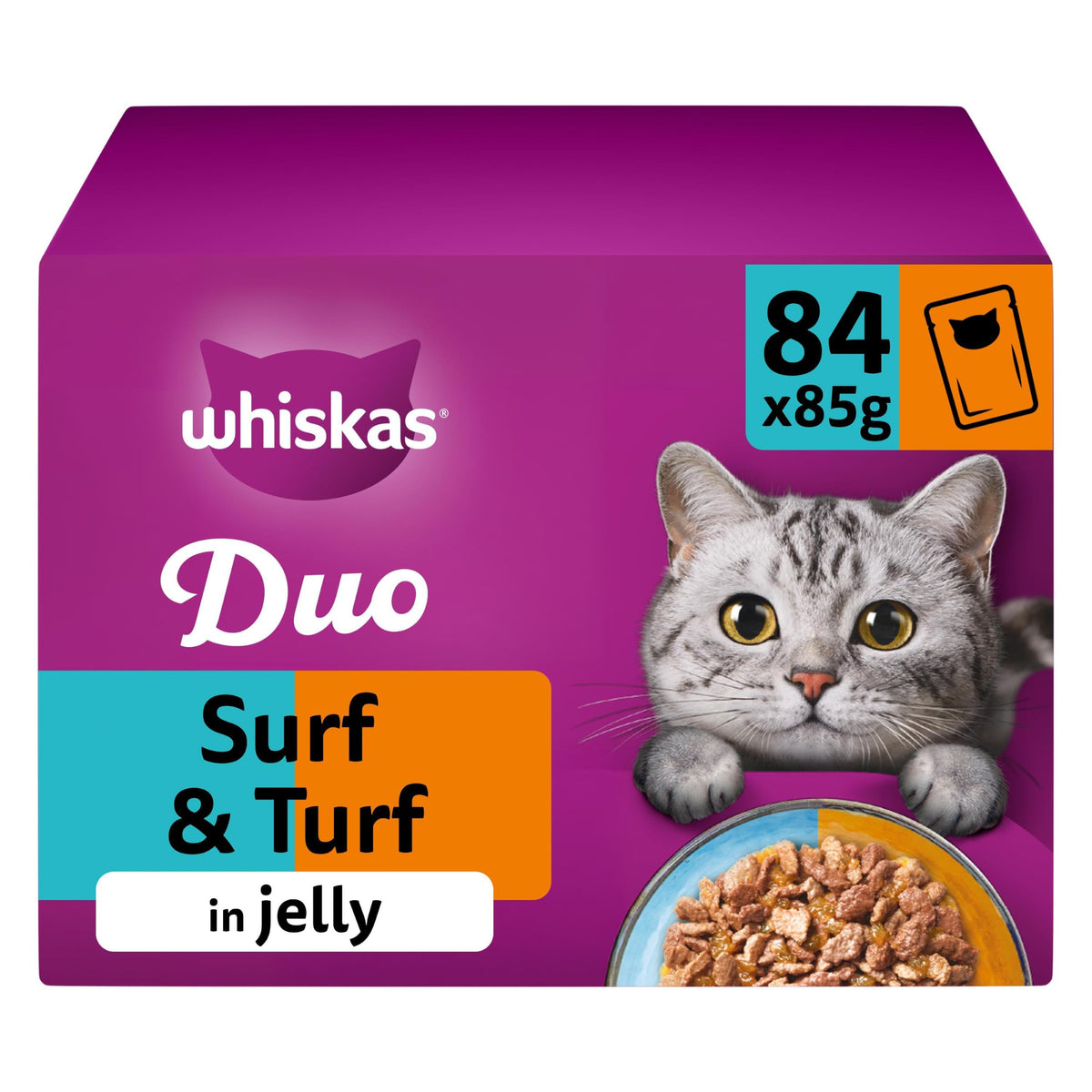 WHISKAS DUO Adult Wet Cat Food in Jelly 12x85g Surf & Turf (Pack of 4)