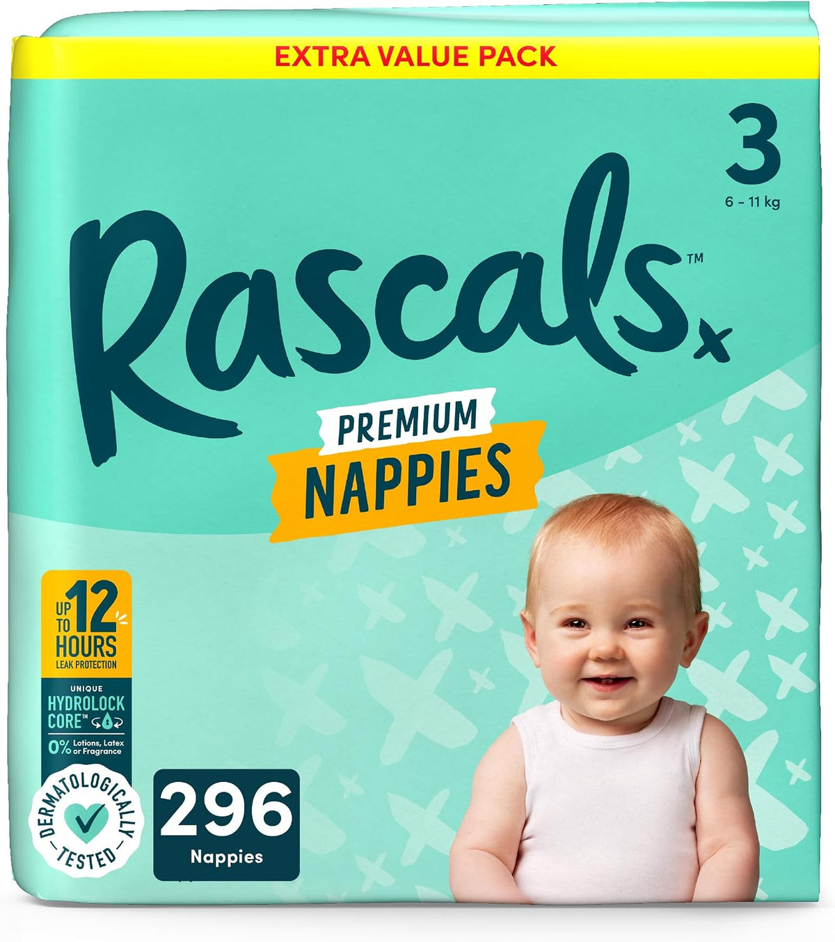 Rascals Premium Nappies Size 3, 296 Count, Feather-Soft