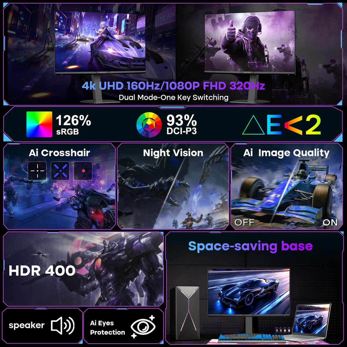 Amzfast 24 Inch 200Hz Gaming Monitor, FHD 1080P Fast IPS, 1ms MPRT, Adaptive Sync, AI-Crosshair, 110% sRGB, HDR, Low Blue Light, HDMI2.0&DP1.4, VESA75x75mm for PC Desktop Laptop PS5 Xbox, G24X1W