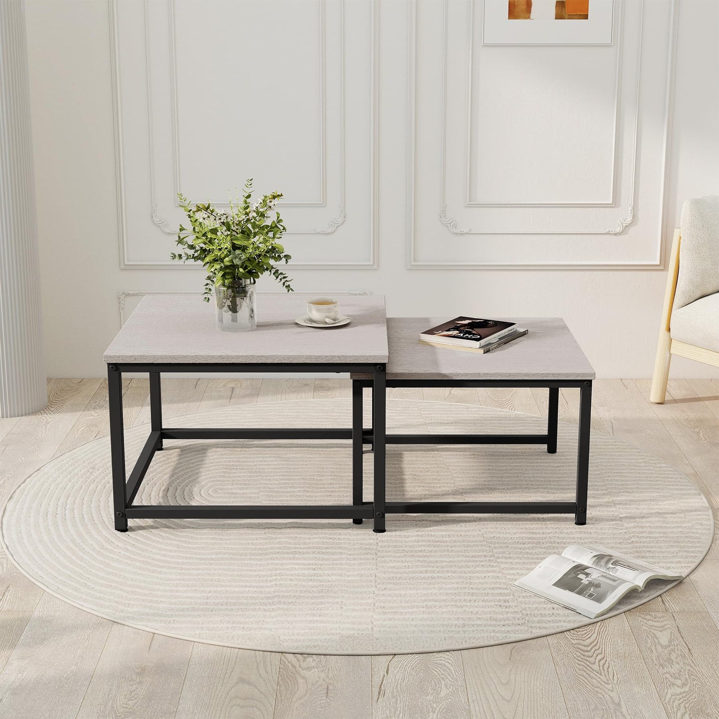 Hawthyhome Coffee Tables, Round Nesting Tables Tet of 2, Modern Side Tables with Metal Frame, Industrial Stacking End Tables for Living Room Bedroom Office, 60 * 60 * 45cm, Brown