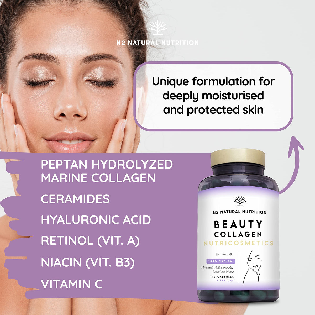 Multi Collagen 1650mg Type I, II, III, V, X. Bovine & Marine Collagen Peptides. 180 Capsules Enhanced with Vitamin C. High Strength Collagen for Joints, Hair and Skincare. N2 Natural Nutrition