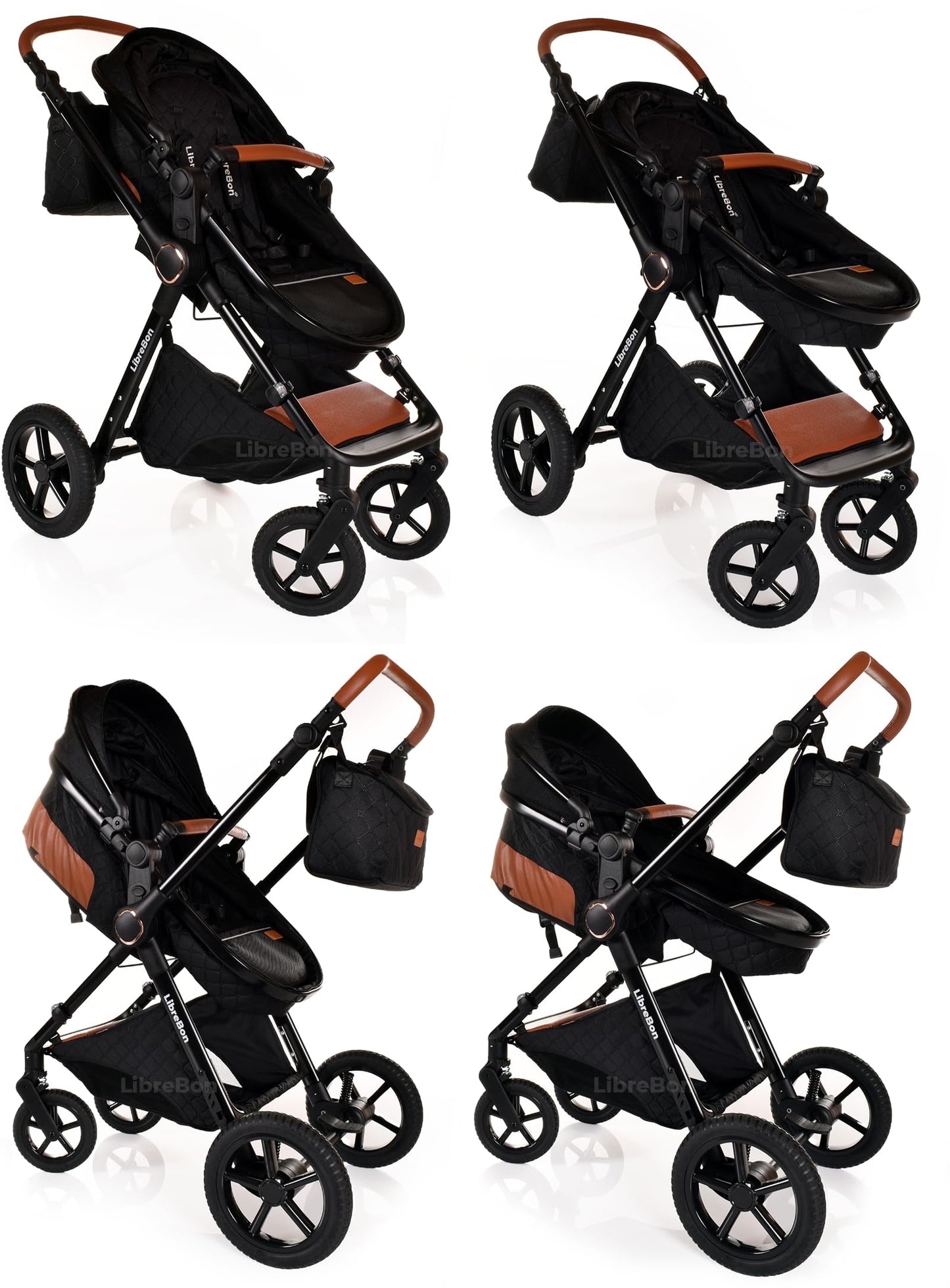 Baby Buggy Pram Pushchair Stroller 3 in 1 Child Lightweight Folding Stroller 3 in 1 Travel System Pram for Newborns & Toddlers from Birth Aluminum (Beige - Rose Gold Frame)