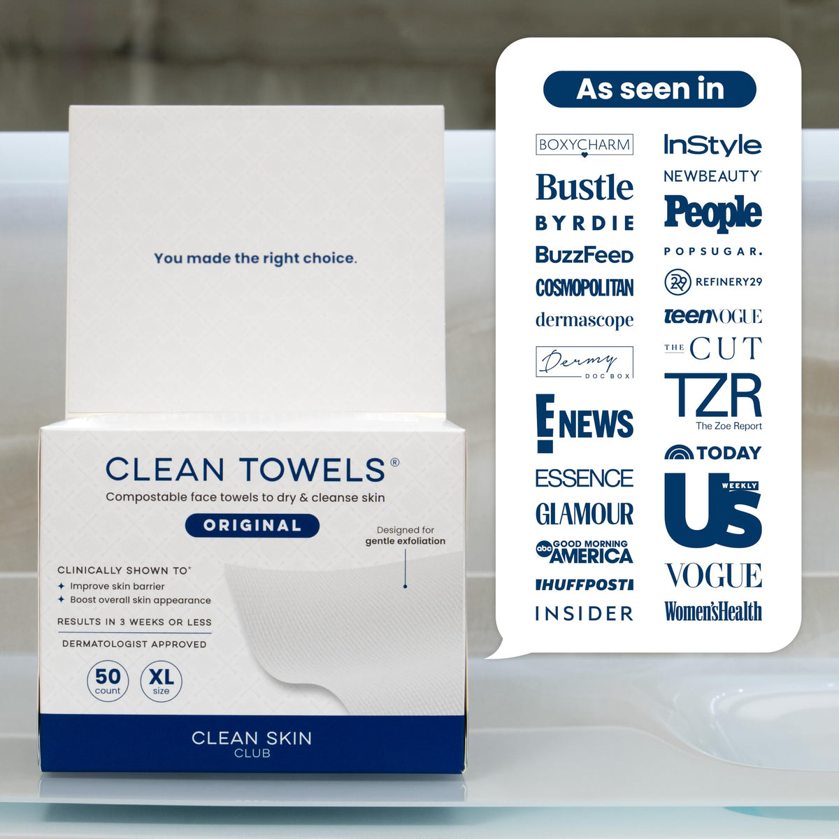 Clean Towels XL®, 100% USDA Biobased Face Towel, Disposable Face Towelette, Eczema Association Accepted, Makeup Remover Dry Wipes, Ultra Soft, 50 ct per pack, 3 Packs, 150 Ct Total
