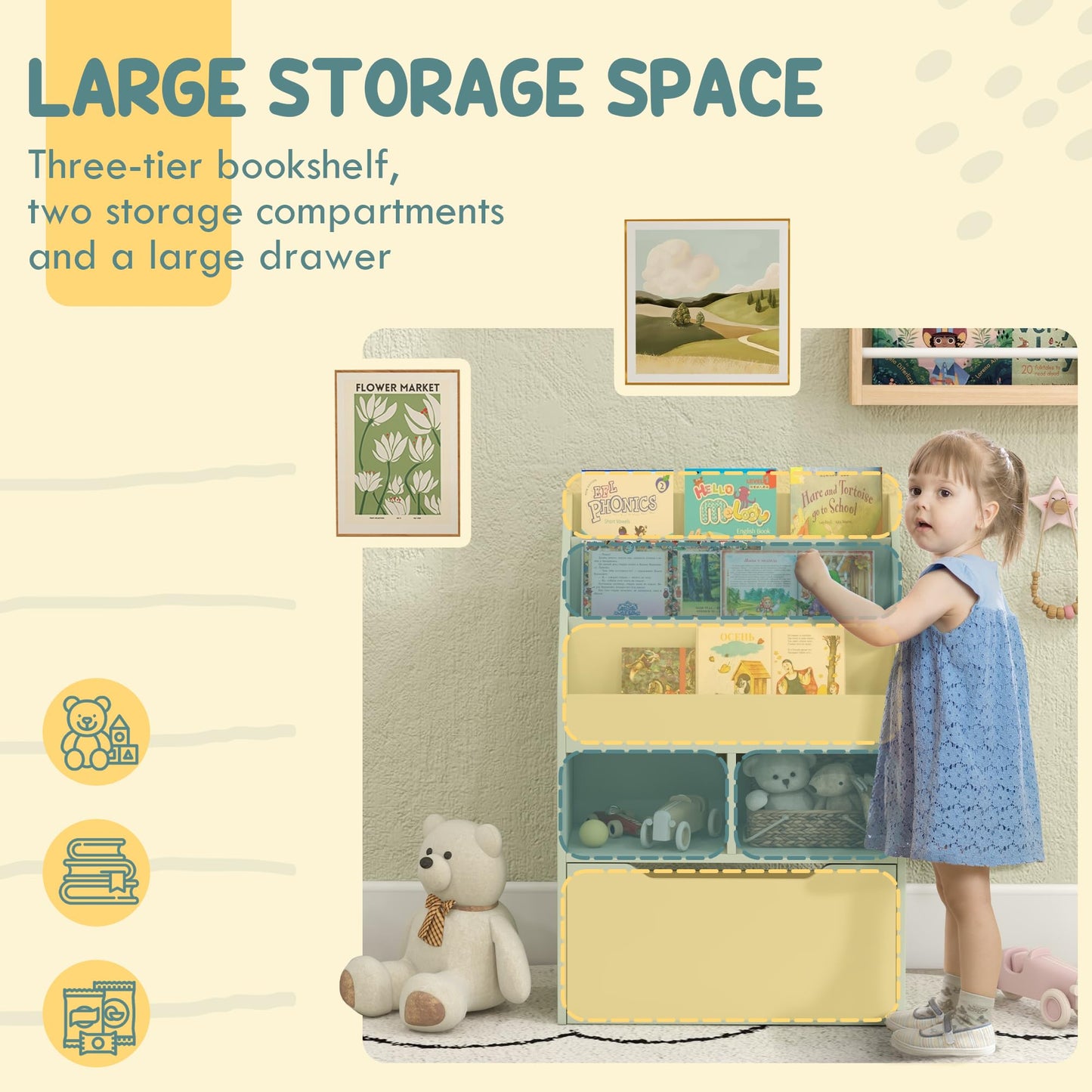 HOMCOM Kids Bookshelf with Moveable Drawer, Montessori-Inspired Children's Bookcase with Wheels, Toy Organiser for Bedroom, Playroom - White