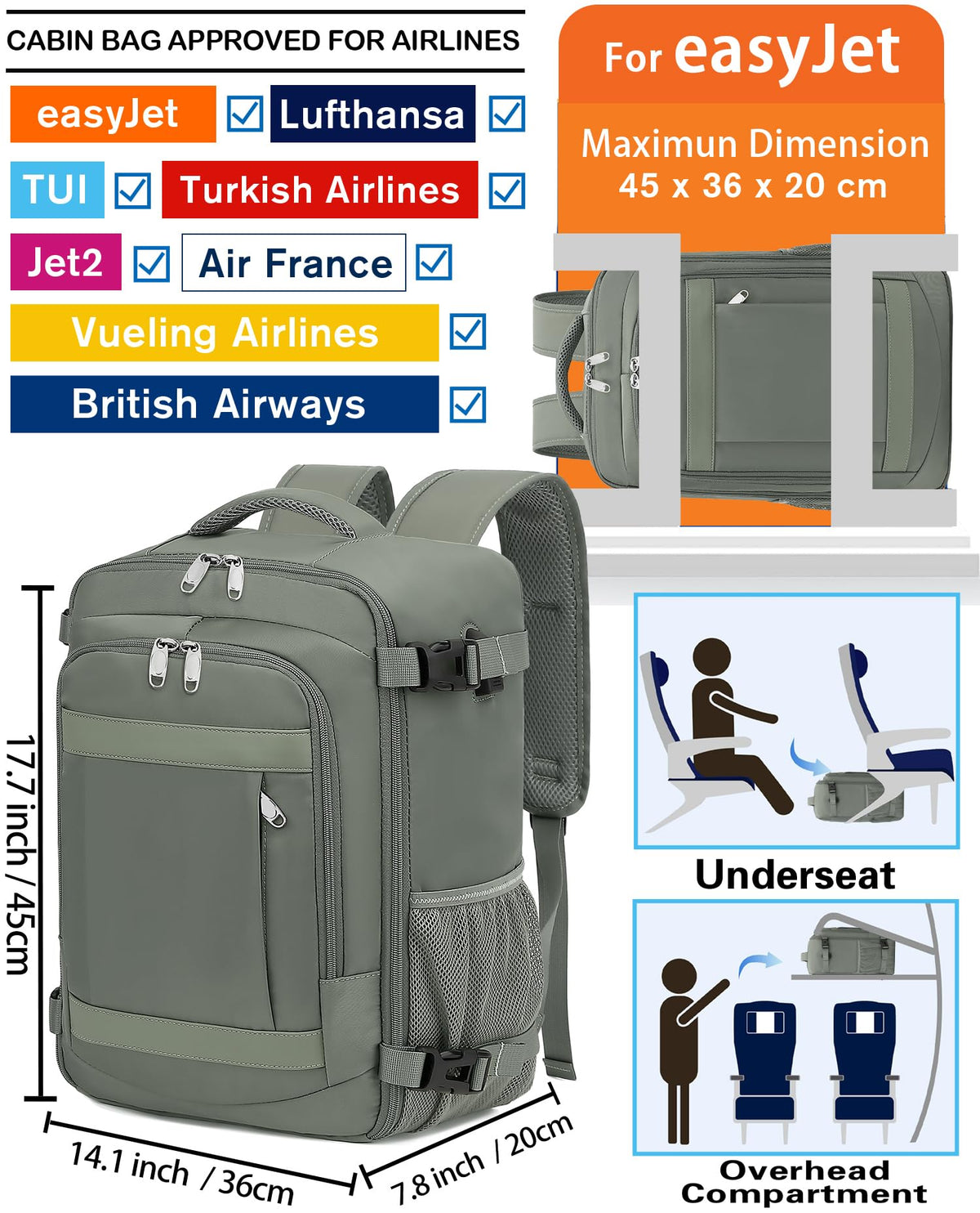 KLOSTAIN Cabin Bags 40x20x25 for Ryanair Underseat Travel Backpack Hand Luggage Carry-ons Bag Cabin Size 20L for Airplanes Flight Ruscksack Black