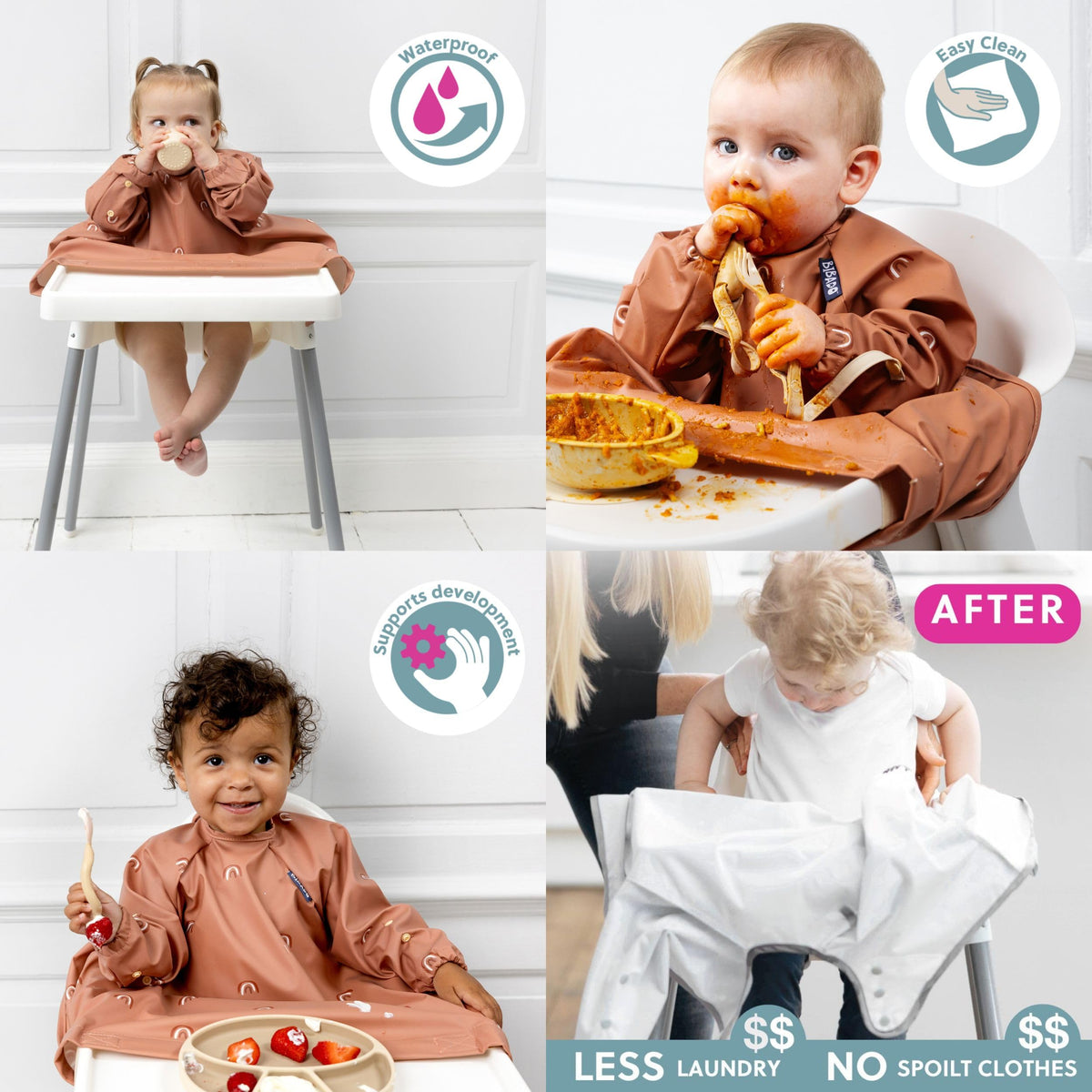 BIBaDO Long Sleeve Baby Bibs - Coverall Weaning Bib with Highchair Strap