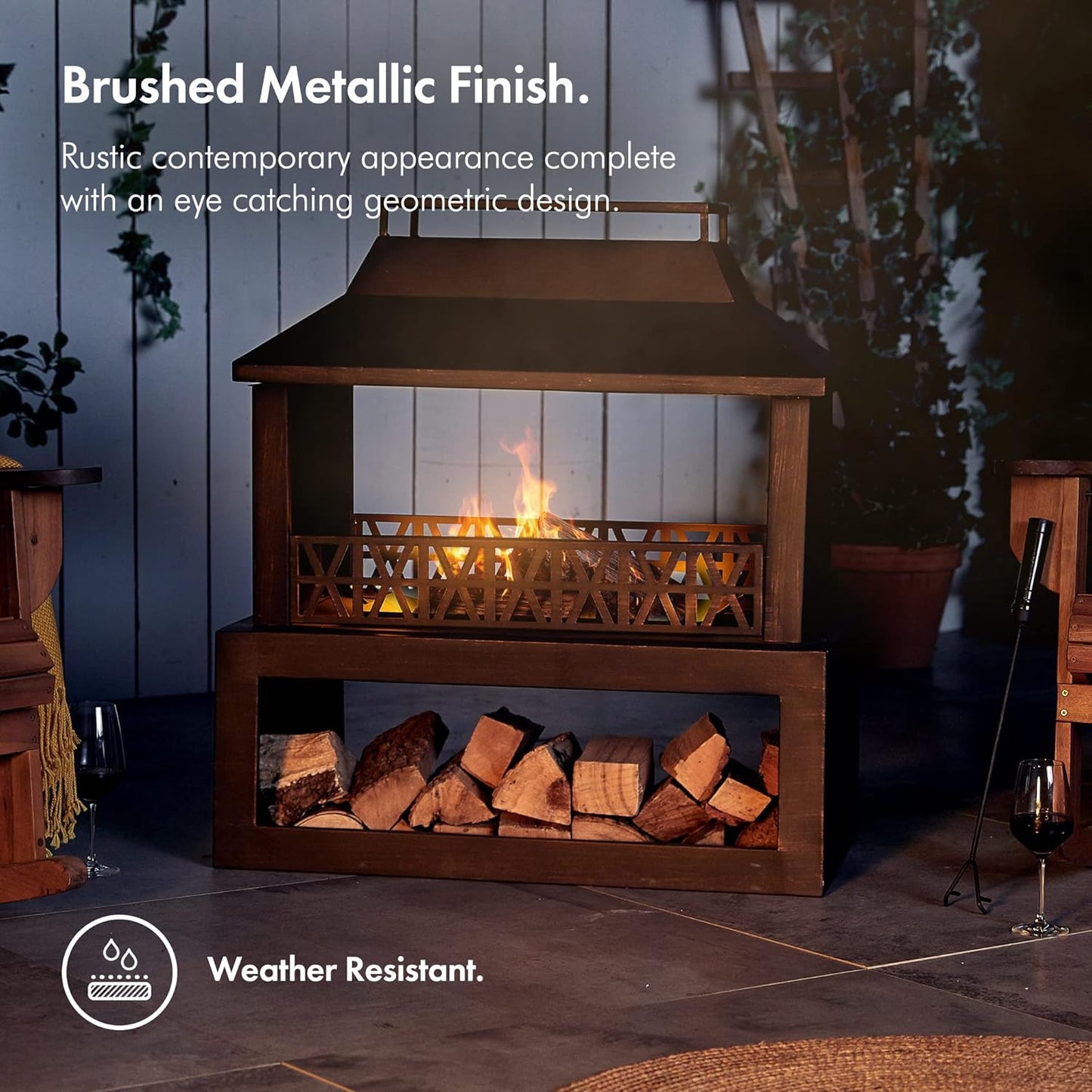 VonHaus Outdoor Fireplace, Fire Pit with Log/Wood Store for Garden, Patio, Fuel with Wood, Logs, Charcoal, Brushed Metallic Finish, Geometric Design, Steel, Weather Resistant, Includes Fire Poker