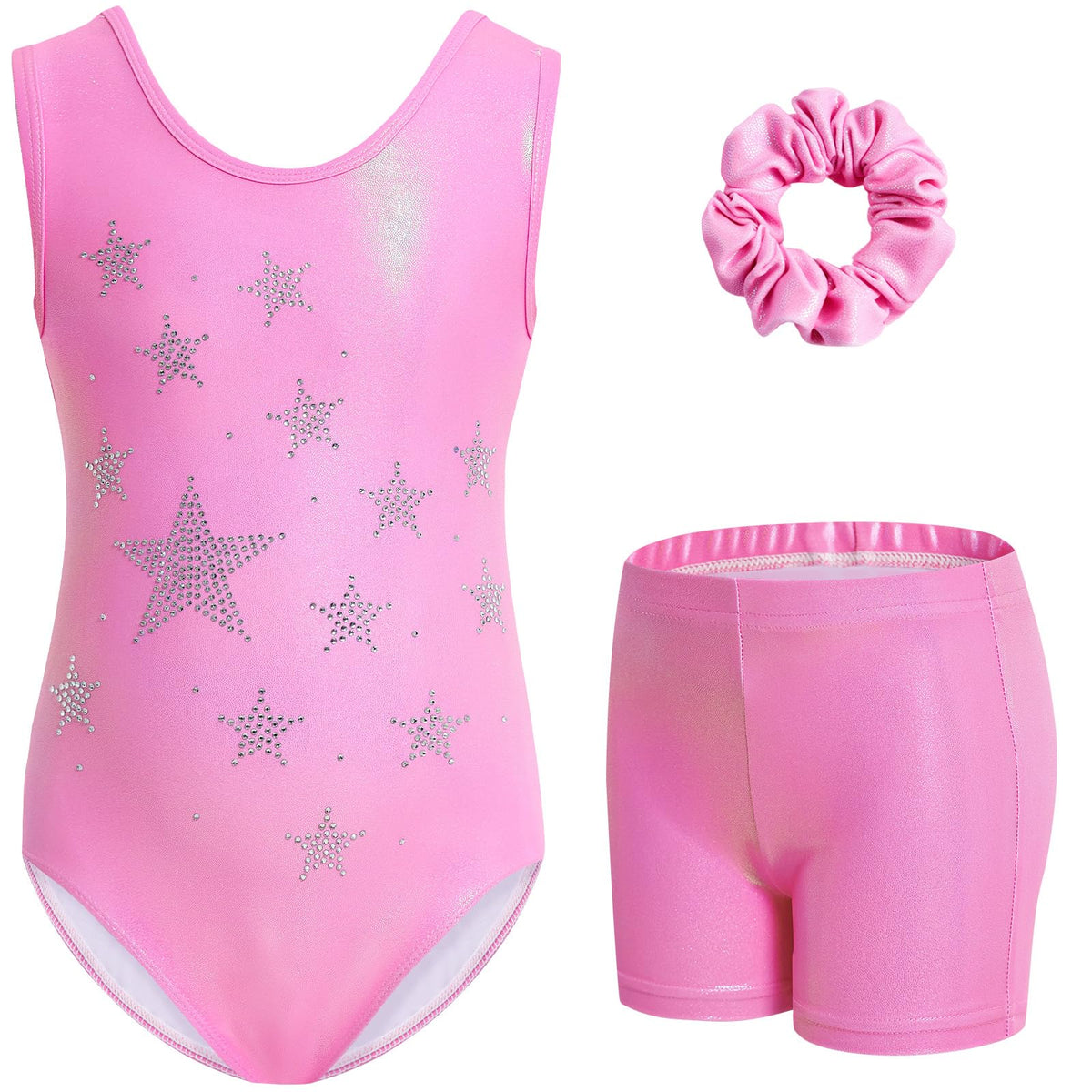 Gogokids Girls' Three-Piece Gymnastics Set, Sleeveless Leotards with Shorts and Hairband, Sparkling Ballet Dancing Unitards - Gymnastics Outfit with Gradient Color Design for 3-12 Years