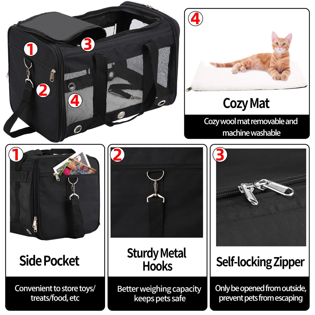 Dycietx Soft Sided Foldable Cat/Dog/Pet/Puppy Carrier Bag, Portable Pets Travel Carriers For Cats/Dogs With Shoulder Strap & Removable Mat, Durable Cat Basket of 17 lbs Airline Approved(Black, M)