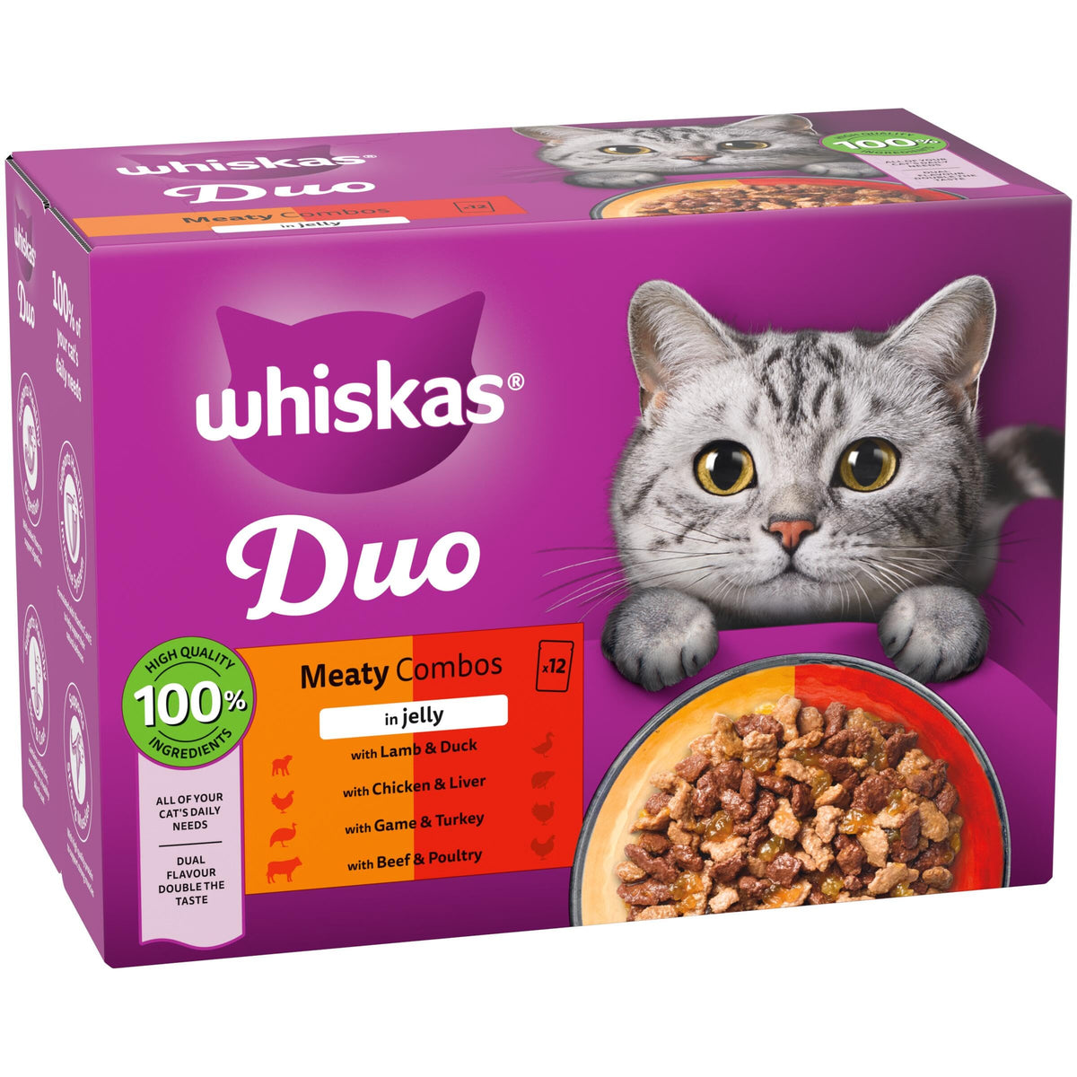 WHISKAS DUO Adult Wet Cat Food in Jelly 12x85g Surf & Turf (Pack of 4)