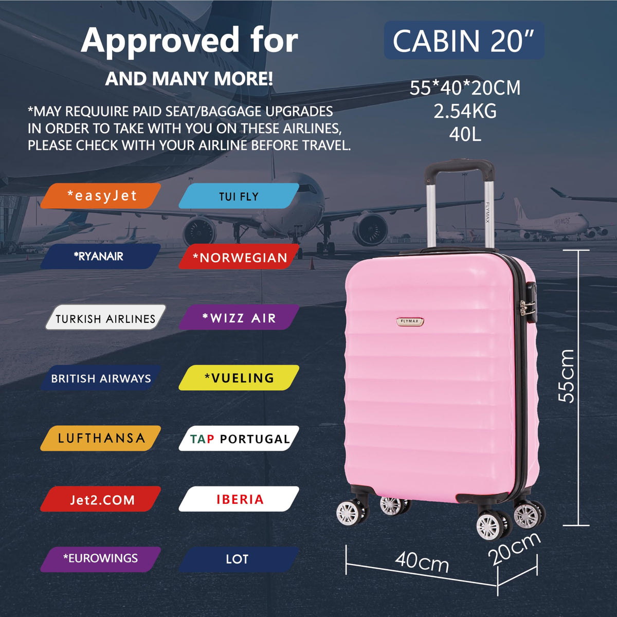 FLYMAX 55x40x20 Ryanair Cabin Bag Hand Luggage Lightweight Suitcase Approved Carry on Luggage Case 2.5KG 40L Royal