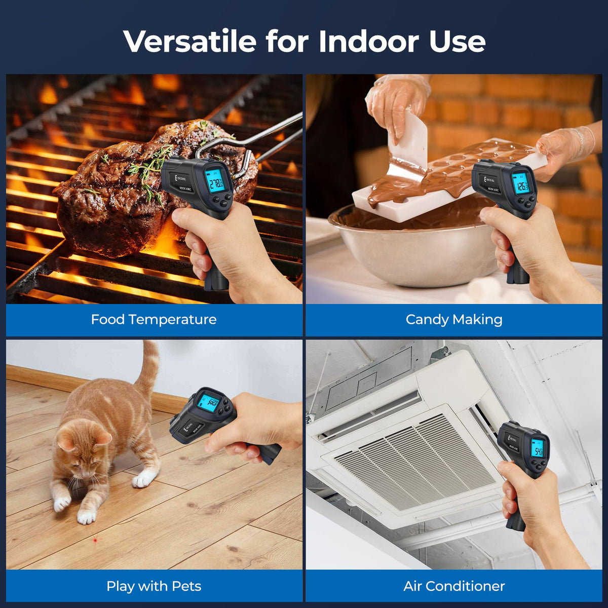ERICKHILL Infrared Thermometer -50℃~550℃ With -50~260℃ Meat Thermometer, Non-Contact Laser Thermometer Gun LCD Backlit Digital Display Adjustable Emissivity - for Vehicle Repair/Cooking/BBQ/Freezer