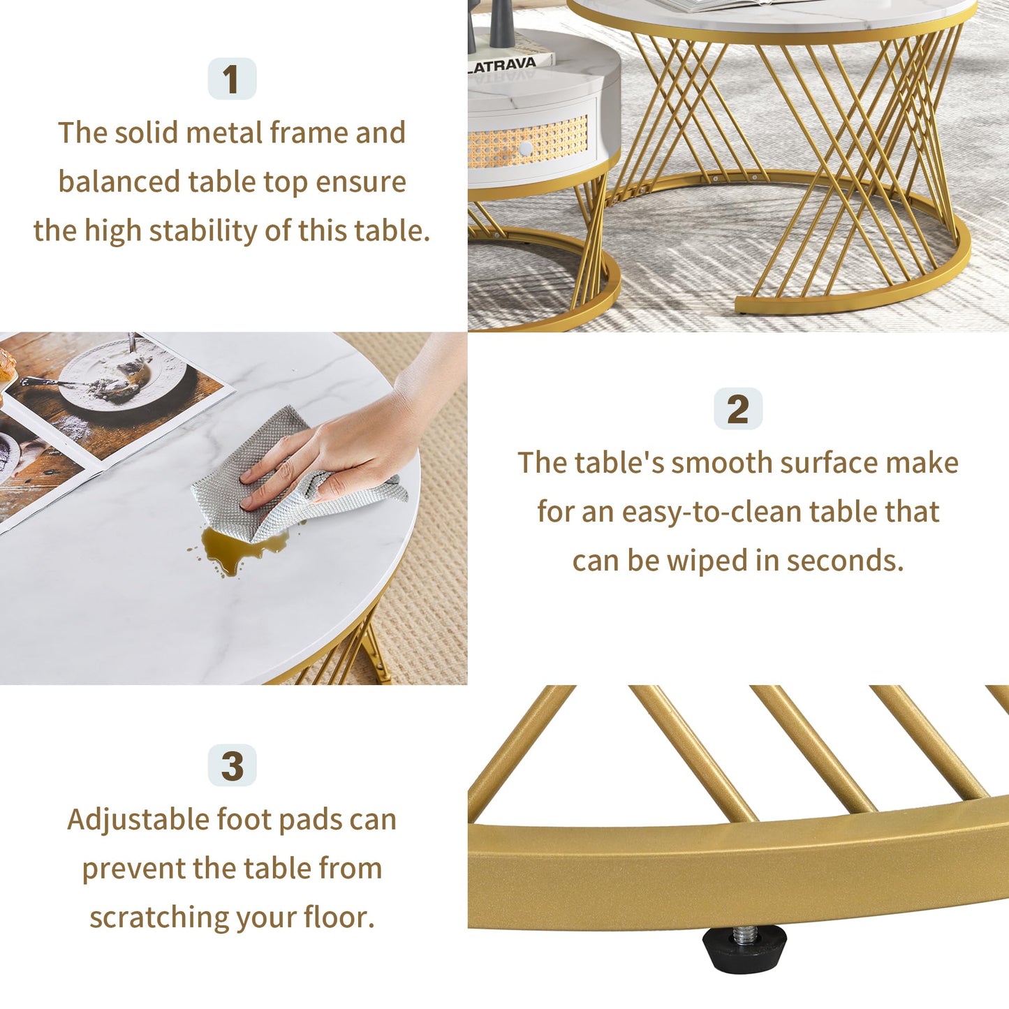 ModernLuxe 2-in-1 Coffee Table, Multi-functional Side Table with Marble Grain Veneer Top, Rattan Drawers, Solid Wood Handles, Gold Coloured Iron Legs, Round Nest of Tables for Living Room, Black