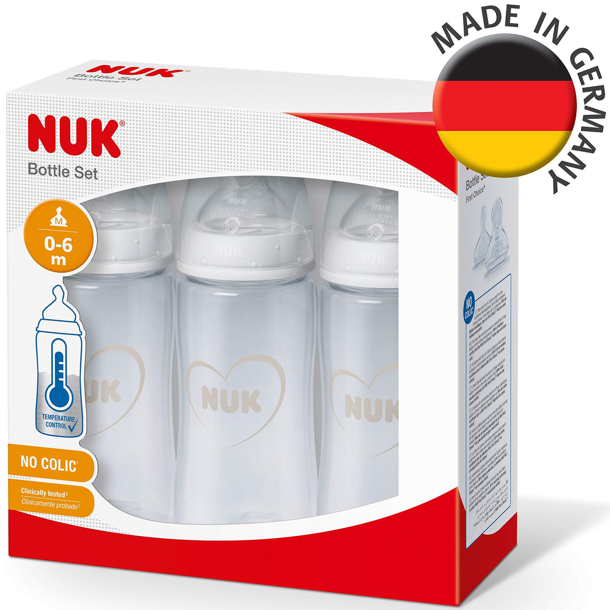 NUK First Choice+ Baby Bottles Set | 0-6 Months | Temperature Control | Anti Colic Vent | 300 ml | BPA-Free | Silicone Teat | 3 Count | Safari
