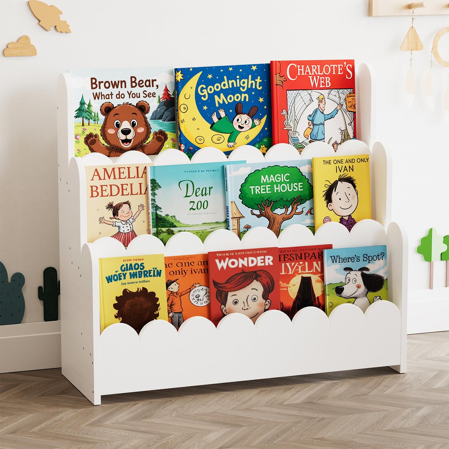 SpaceAid 3-Tier Scalloped Bookshelf, Montessori Bookcase for Toddlers, Wooden Book Shelf Organizer Display Furniture for Kids Rooms, Playroom, Nursery and Classroom, Natural
