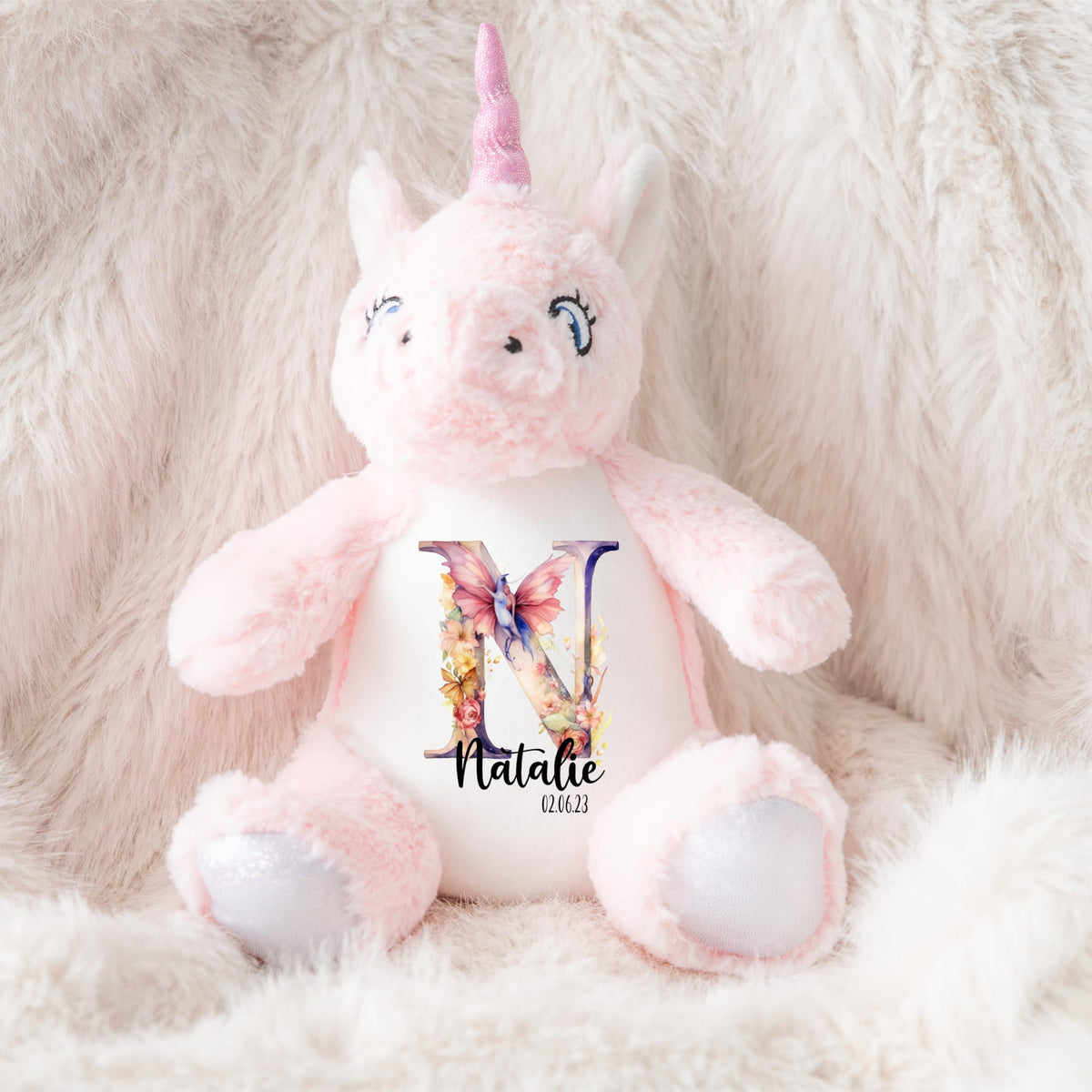 Crafted Memories - Personalised Teddy | Velveteen Bunny Soft Toy | Customisable Name for Newborns | Keepsake for Boys & Girls | Baby Shower Item | Pink Initial | Grey or White, 20-23cm