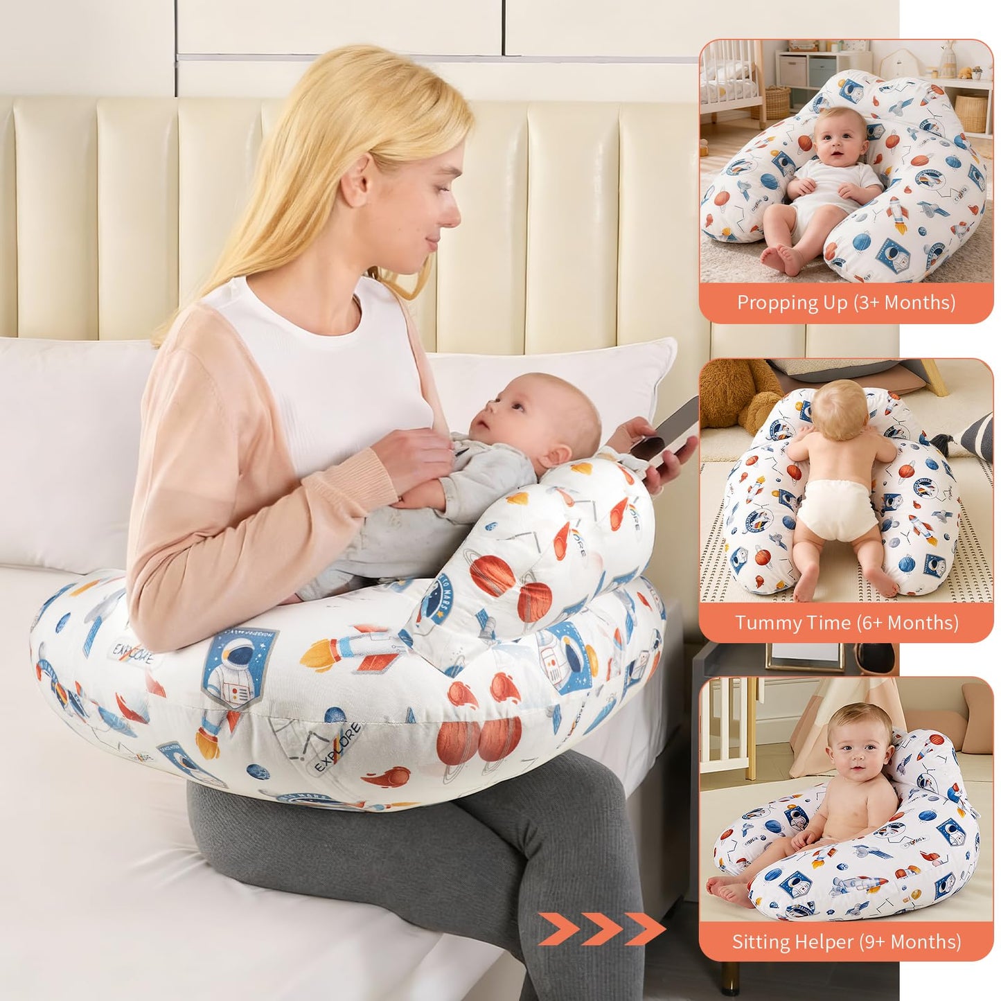 Labtec Nursing Pillow for Breastfeeding Baby, Multifunctional Breast Feeding Pillow with Adjustable Waist Strap and Safety Fence, 100% Cotton Removable Pillowcase, Forest Friends