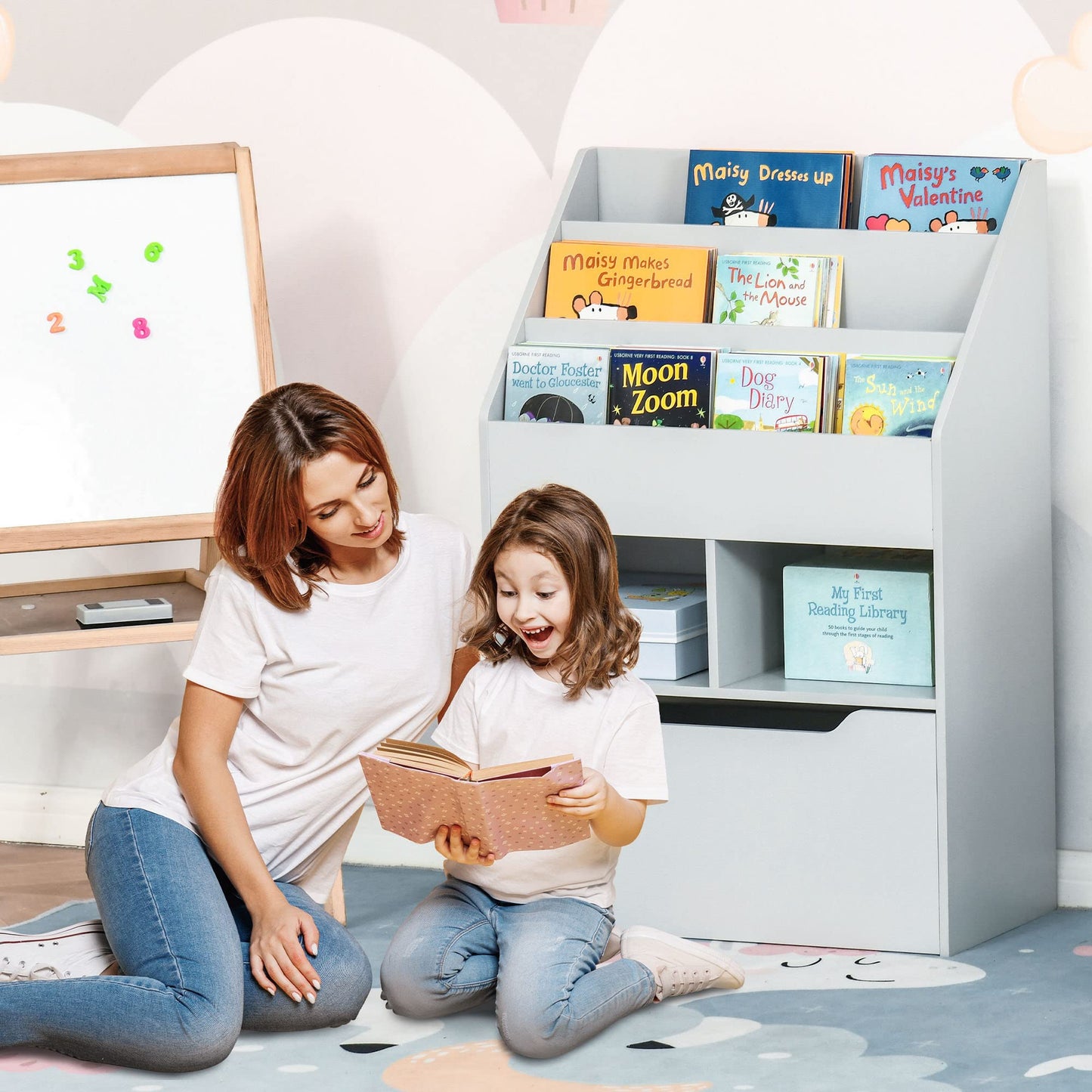 HOMCOM Kids Bookshelf with Moveable Drawer, Montessori-Inspired Children's Bookcase with Wheels, Toy Organiser for Bedroom, Playroom - White