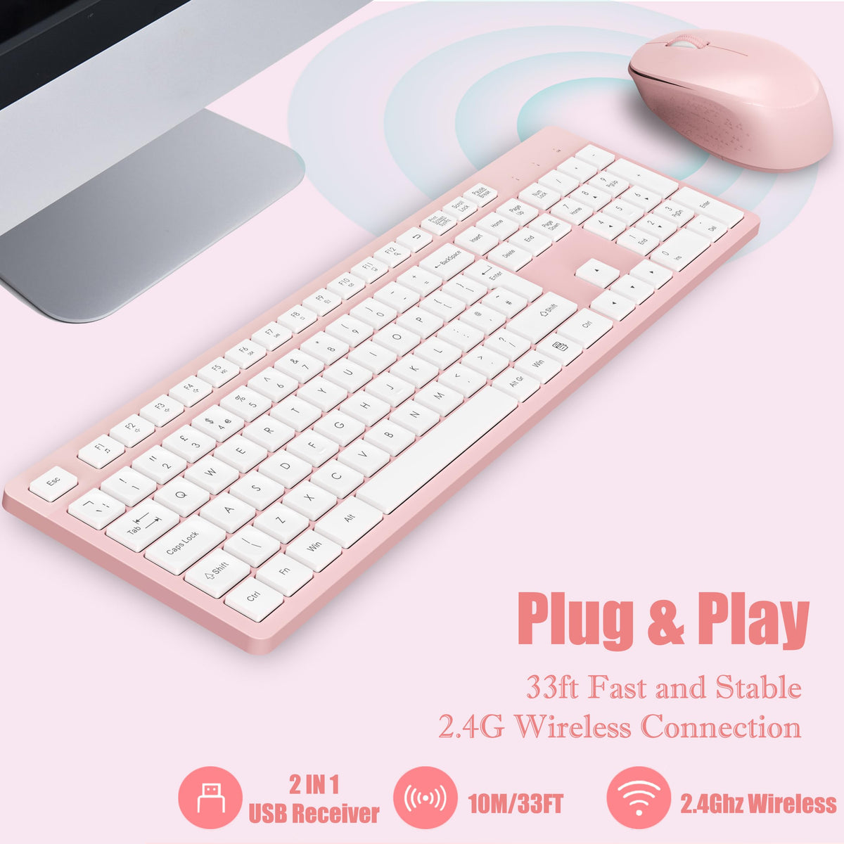 LeadsaiL Wireless Keyboard and Mouse Set, 2.4GHz USB Computer Keyboards and Mouse Combo, Full Size UK QWERTY Layout, Ergonomic Design with 12 Multimedia Shortcuts for HP/Lenovo Laptop and Mac-Purple