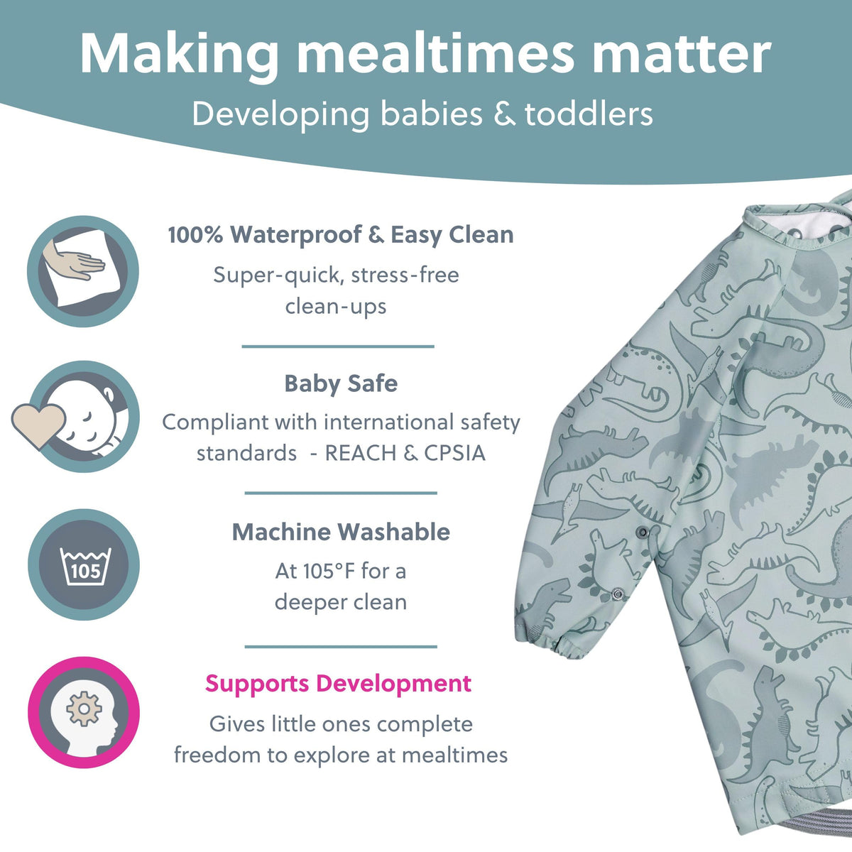 BIBaDO Long Sleeve Baby Bibs - Coverall Weaning Bib with Highchair Strap