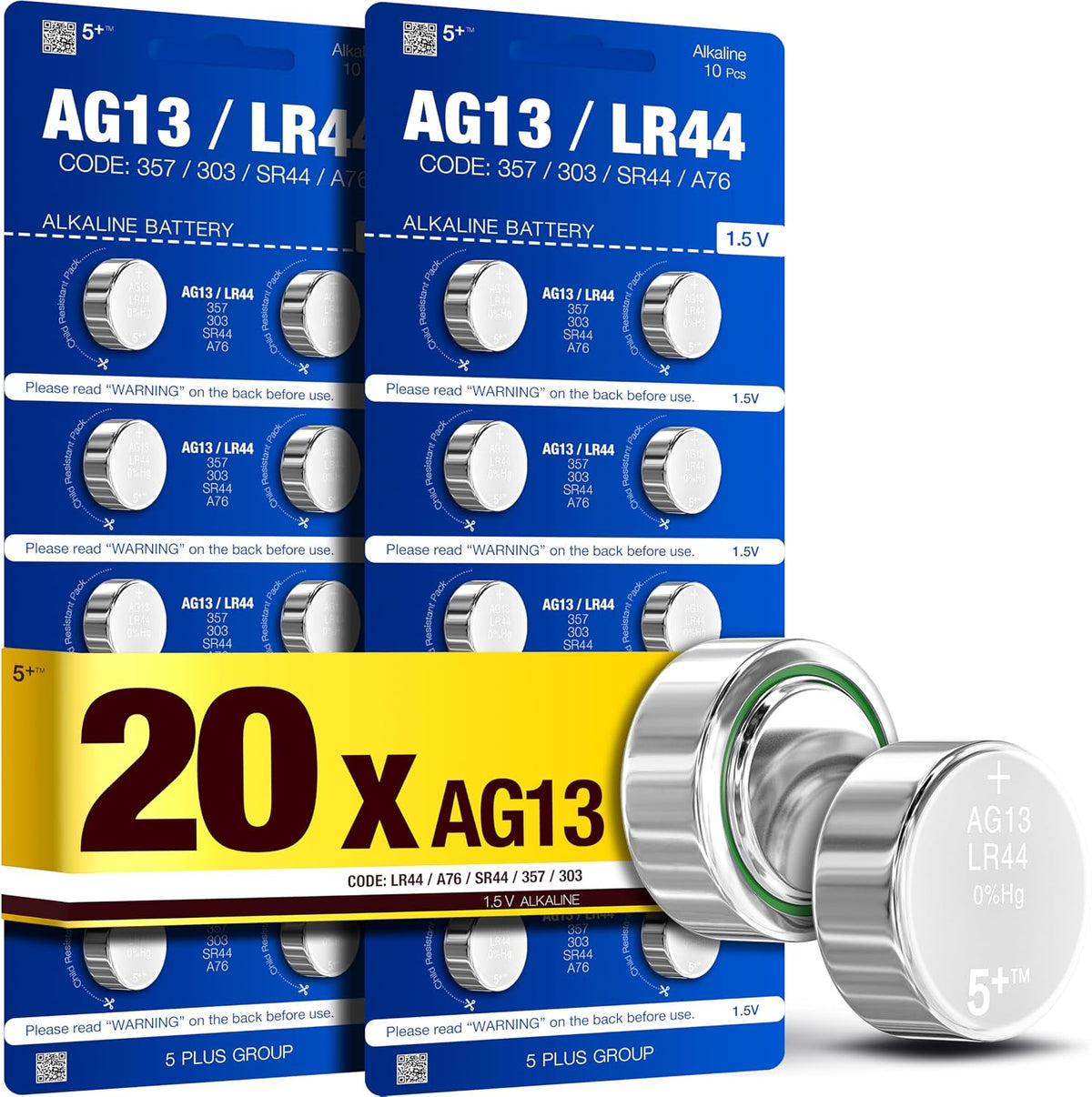 LR44 AG13 A76 357 303 SR44 L1154 LR1154 1.5V Alkaline Button Cell Batteries (20 Pack) – High Capacity Coin Batteries for Watches, Toys, Key Fobs & Small Electronics