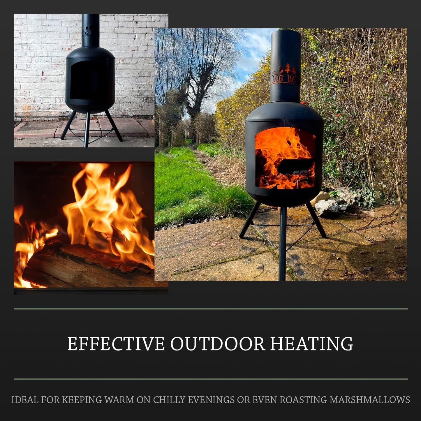 Log Barn Fire Chiminea for Garden (43 x 43 x 118 cm). Black Steel Log Burner Outdoor with Poker. Durable, Easy to Assemble, Lightweight Wood Burner Outdoor - Genuine Log Barn Garden Chiminea