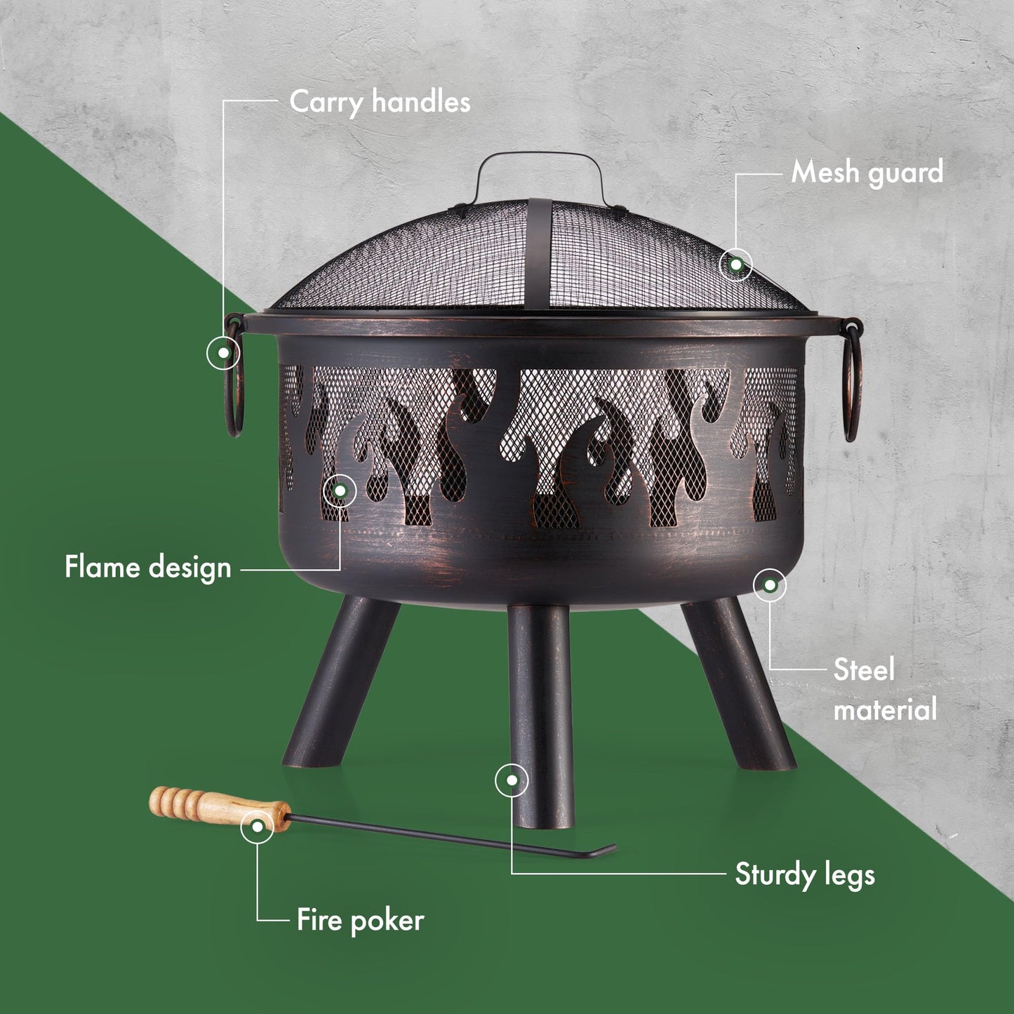 VonHaus Fire Pit – Firepit for Outdoor, Garden, Patio – Portable, Lightweight with Geometric Design, Brown Bronzed Steel, Fire Poker & Mesh Guard Included, Carry Handles – Use Wood or Charcoal to Fuel