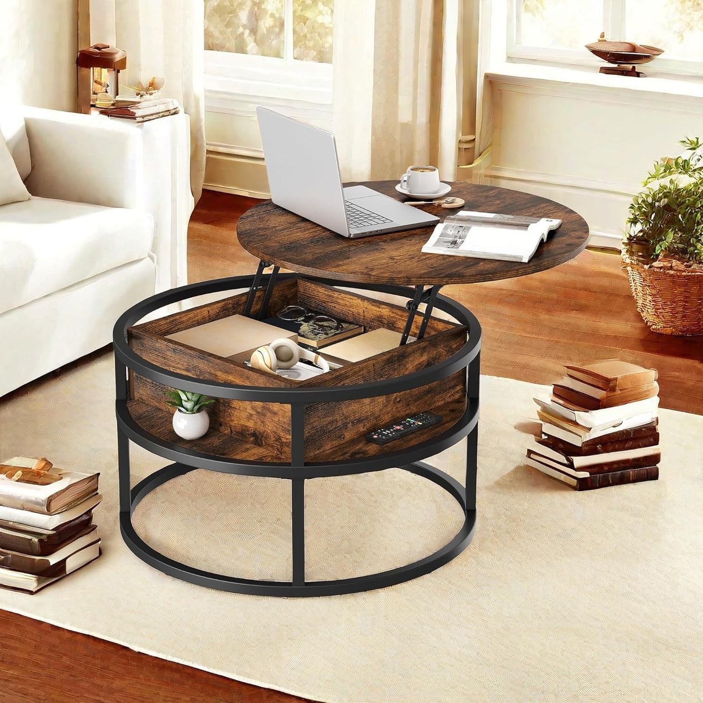 YITAHOME Coffee Table with Lift Top, lift up Coffee Table Round with Hidden Storage Compartment, 60x60x47cm