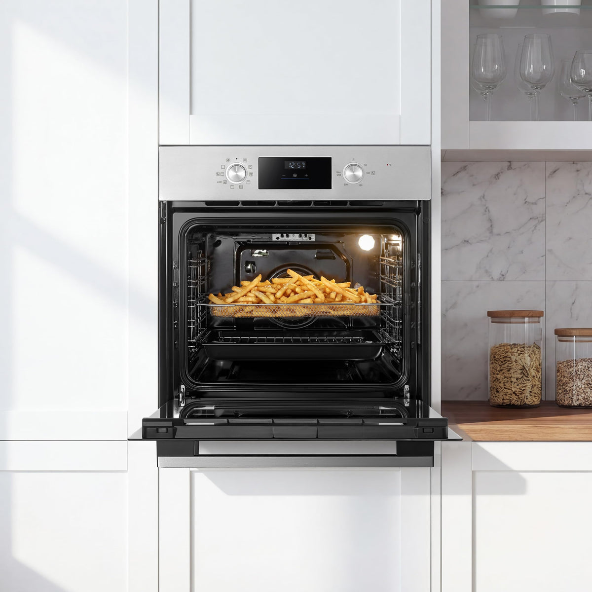 Midea 71L, 60cm Wide, Single Electric Built-in Fan Oven with Air Fry, 12 Oven Functions, Aqua Clean, LED Display, Convection, ECO, MultiLevel Cooking, Color Black - MBO65M90D2-BK