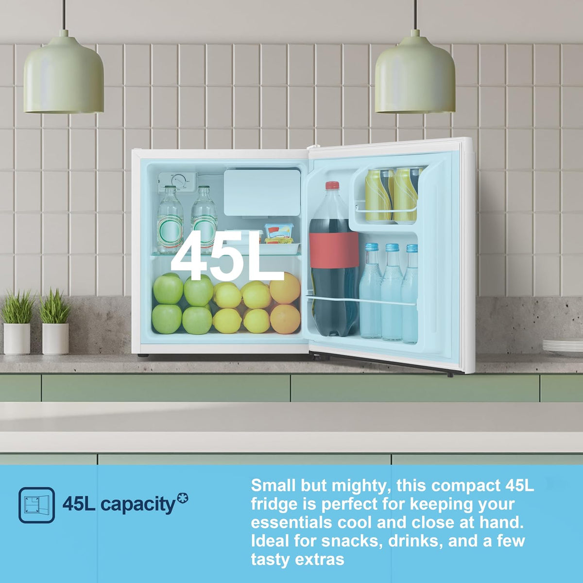 Fridgemaster 45L Table Top Mini Fridge MUR4545, 45cm Compact Refrigerator with Adjustable Thermostat, Reversible Door, 39dB Low Noise, White, Energy Class E
