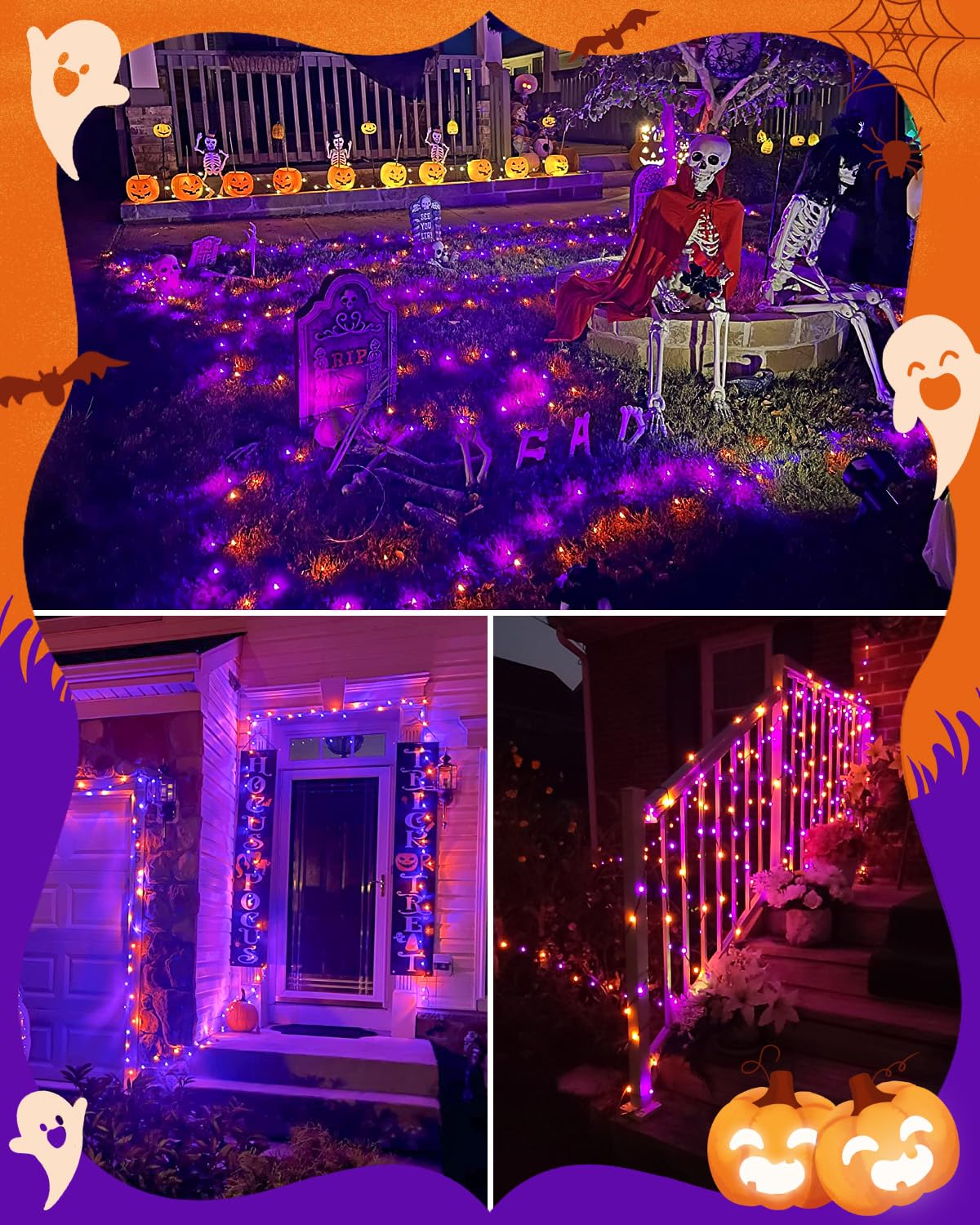 Dalugo Halloween Decoration Lights, 5M 50 LED Orange Purple White Fairy Lights with Timer, IP65 Waterproof Battery Powered Lights for Indoor Outdoor Autumn Halloween Decorations(Green Wire)