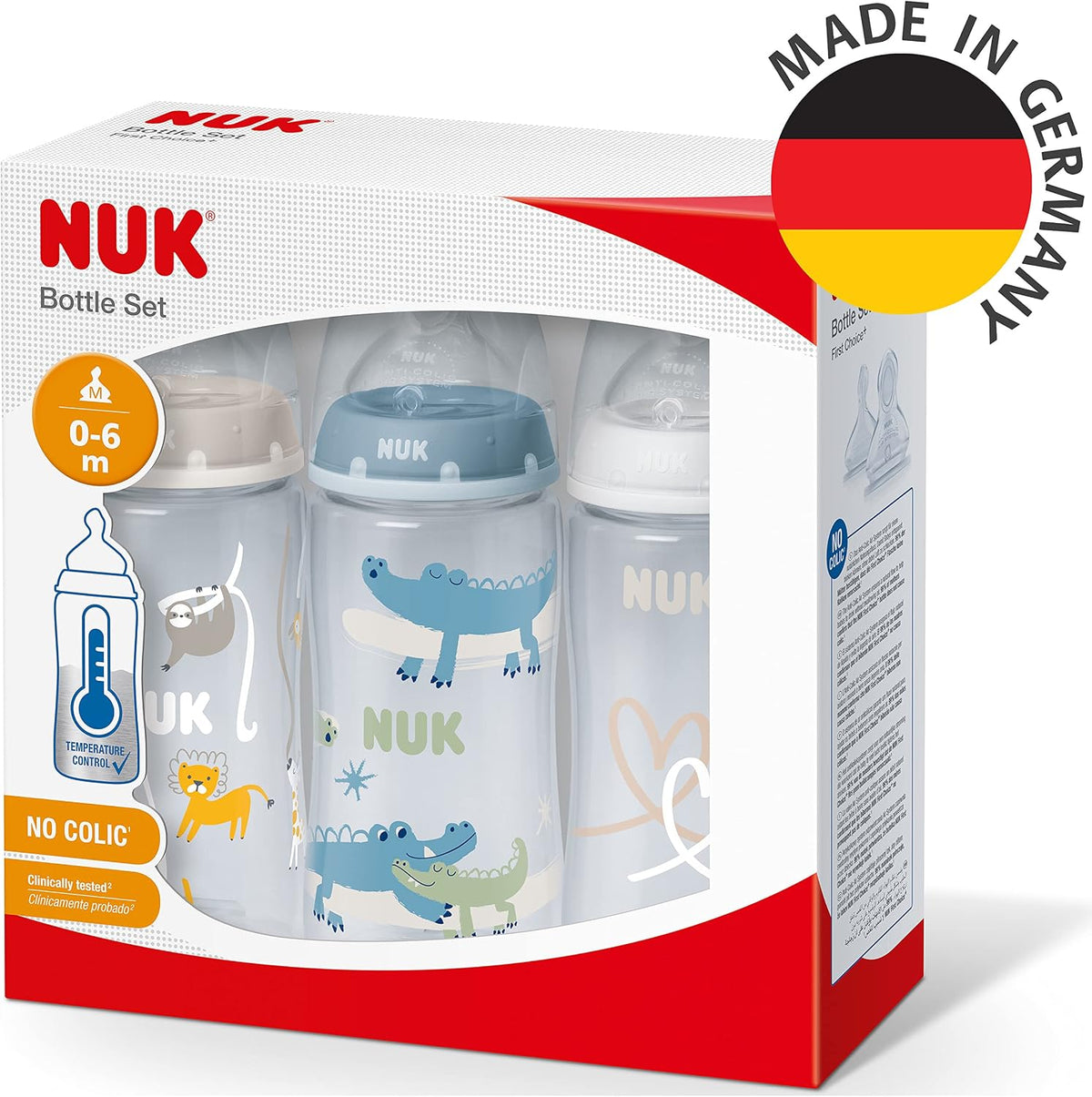 NUK First Choice+ Baby Bottles Set | 0-6 Months | Temperature Control | Anti Colic Vent | 300 ml | BPA-Free | Silicone Teat | 3 Count | Safari