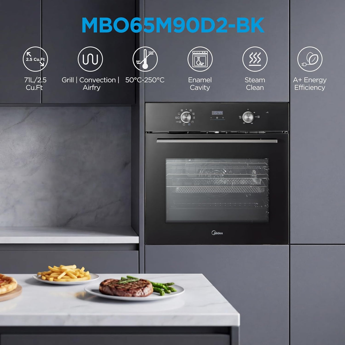Midea 71L, 60cm Wide, Single Electric Built-in Fan Oven with Air Fry, 12 Oven Functions, Aqua Clean, LED Display, Convection, ECO, MultiLevel Cooking, Color Black - MBO65M90D2-BK