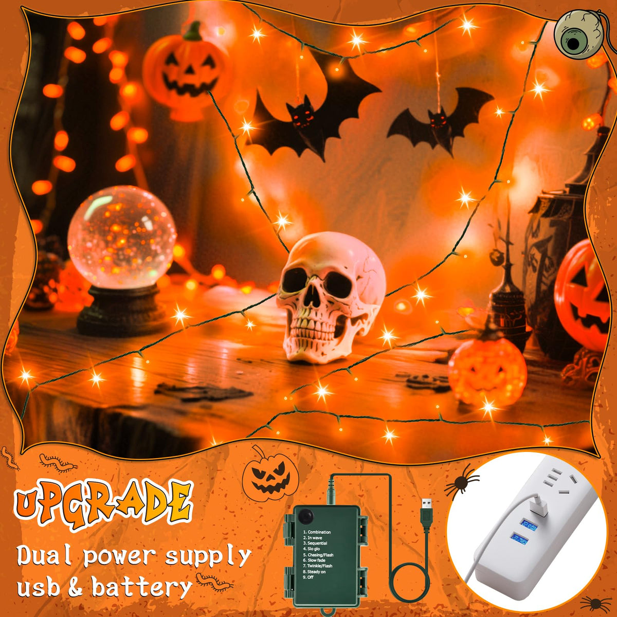 cshare Halloween Decorations Fairy Lights, 20Ft 60LED Orange-Purple USB/Battery String Lights with Timer Waterproof for Outdoor Indoor Autumn Fall Halloween Decorations-Green Wire