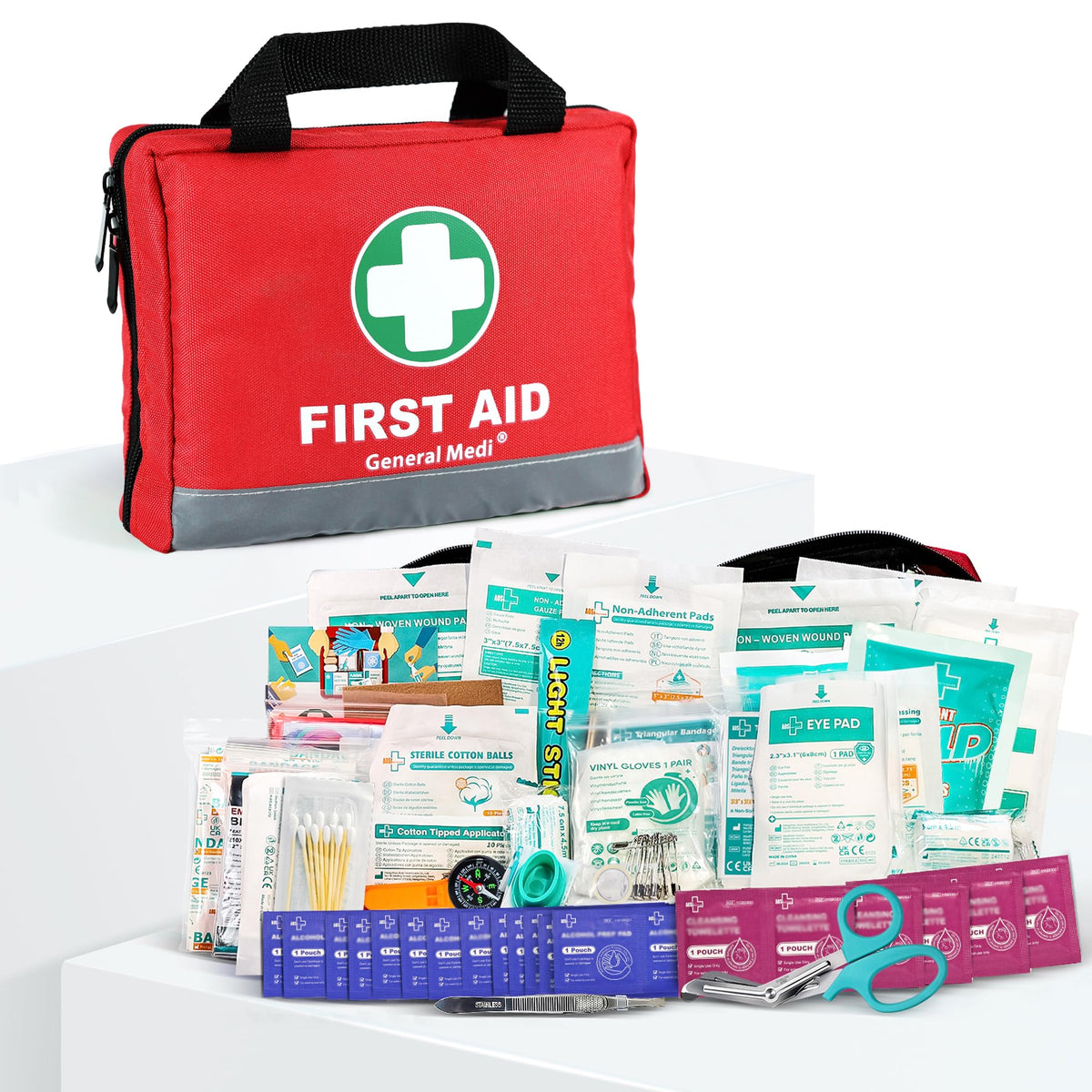 General Medi 210 Piece First Aid Kit- Emergency kit - Reflective Design - Includes Ice(Cold) Pack, Moleskin Pad and Emergency Blanket for Travel, Home, Office, Car, Workplace & Outdoor
