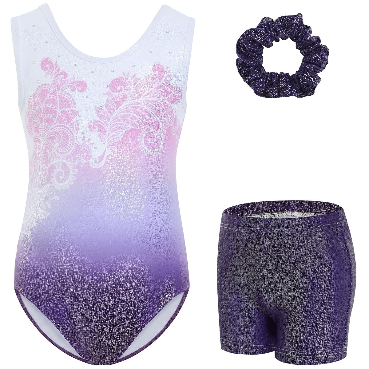 Gogokids Girls' Three-Piece Gymnastics Set, Sleeveless Leotards with Shorts and Hairband, Sparkling Ballet Dancing Unitards - Gymnastics Outfit with Gradient Color Design for 3-12 Years