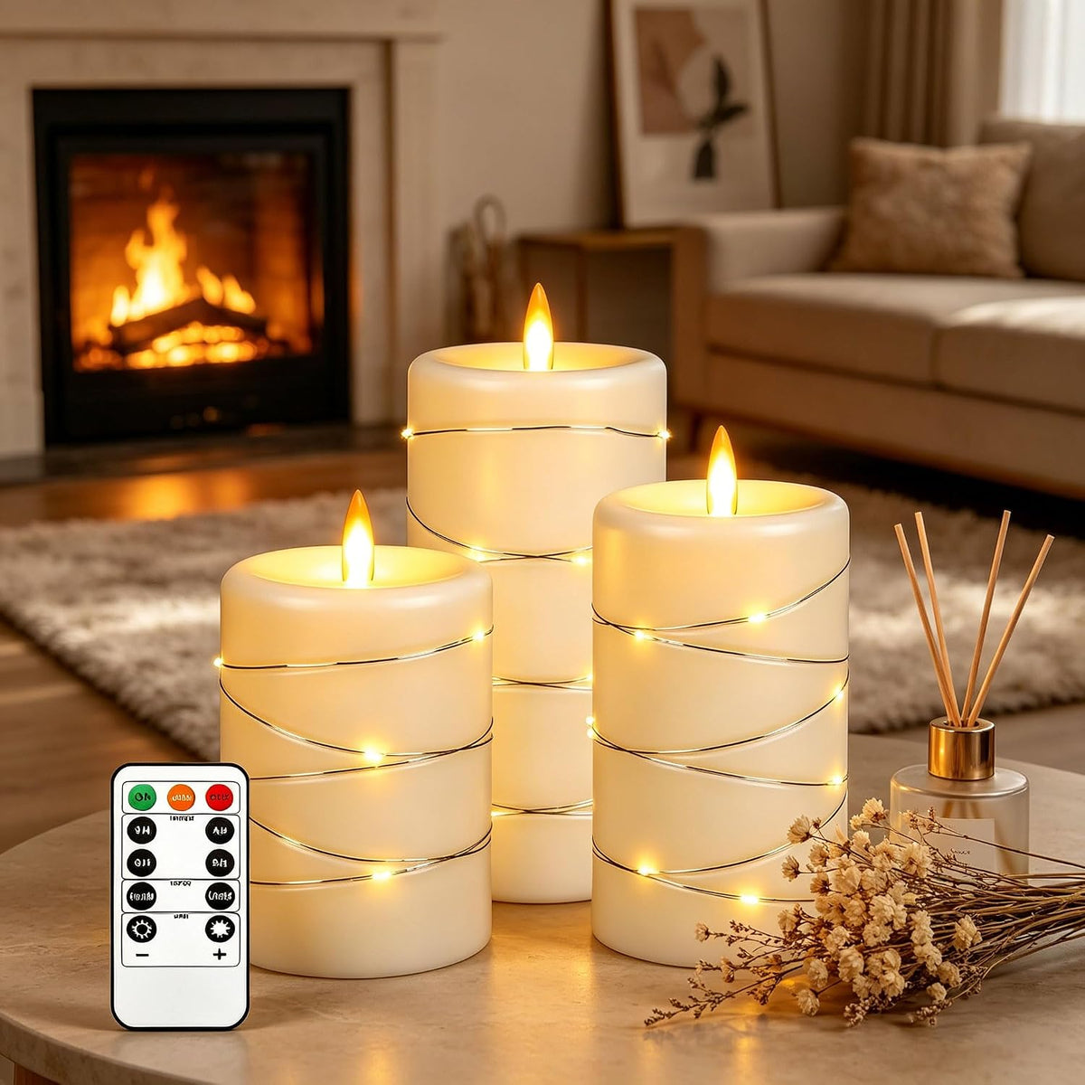 Da by 3 Pack Ivory Flameless LED Candles with Fairy Lights, Realistic Moving Flame Paraffin Wax Candles, Remote Control, Soft Warm Light, 8cm D x 12.5/14.5/16.5cm H, Indoor Wedding Home Decor