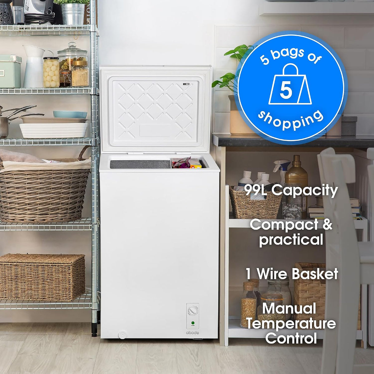 Abode Freestanding White Chest Freezer 99L with Removable Wire Basket & Counter Balance Lid, Adjustable Thermostat, 4 Star Freezer, Suitable for Garages & Outbuildings A99CF0E1W