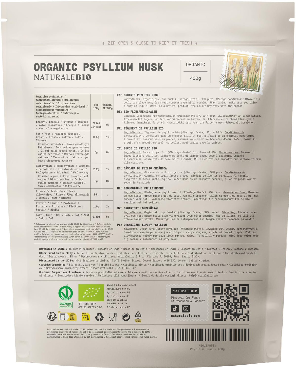 NaturaleBio Organic Psyllium Husk 99% Purity Lab-Tested Gluten-Free