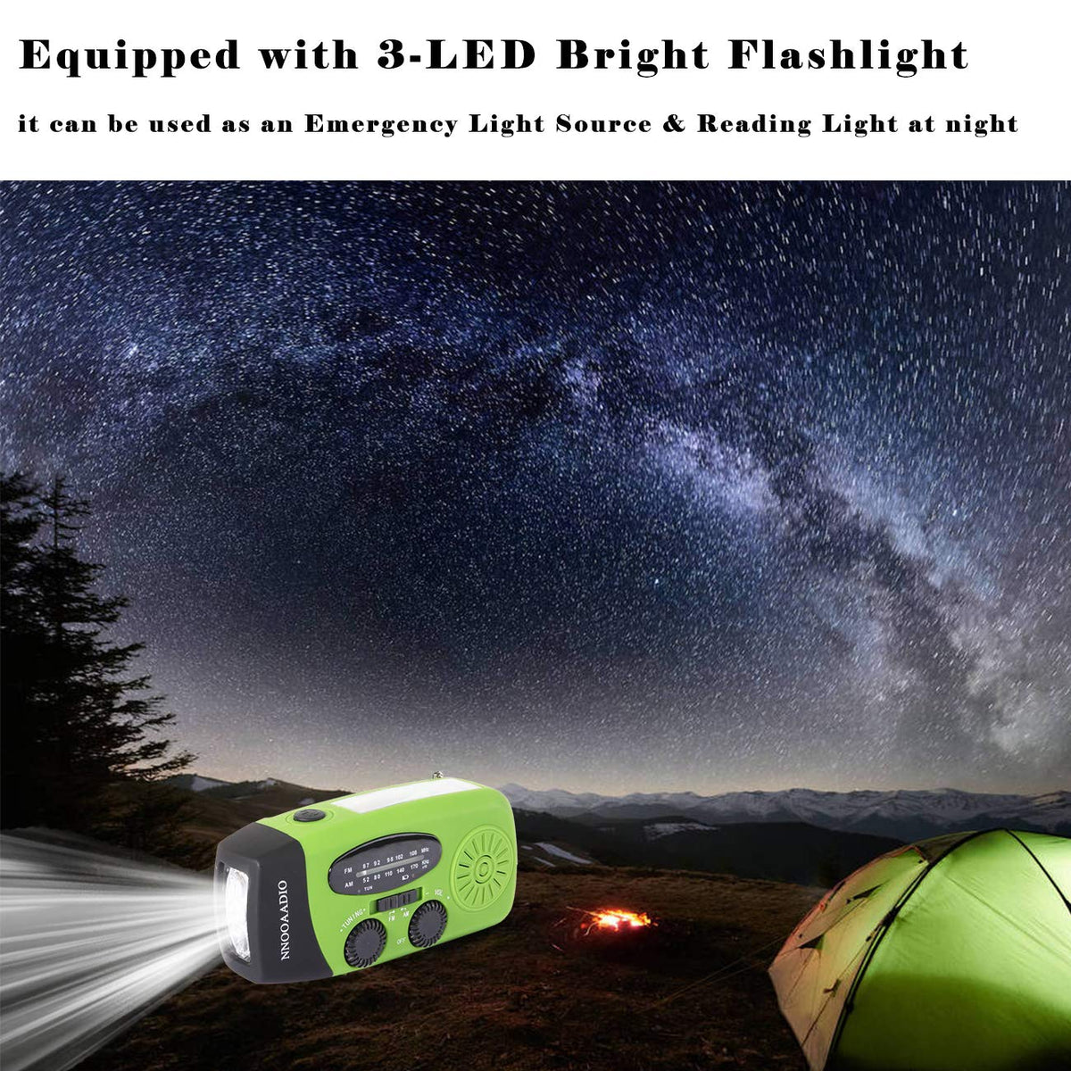NNOOAADIO Wind Up Solar Hand Crank Radio, 2000mAh SOS Alarm for Camping