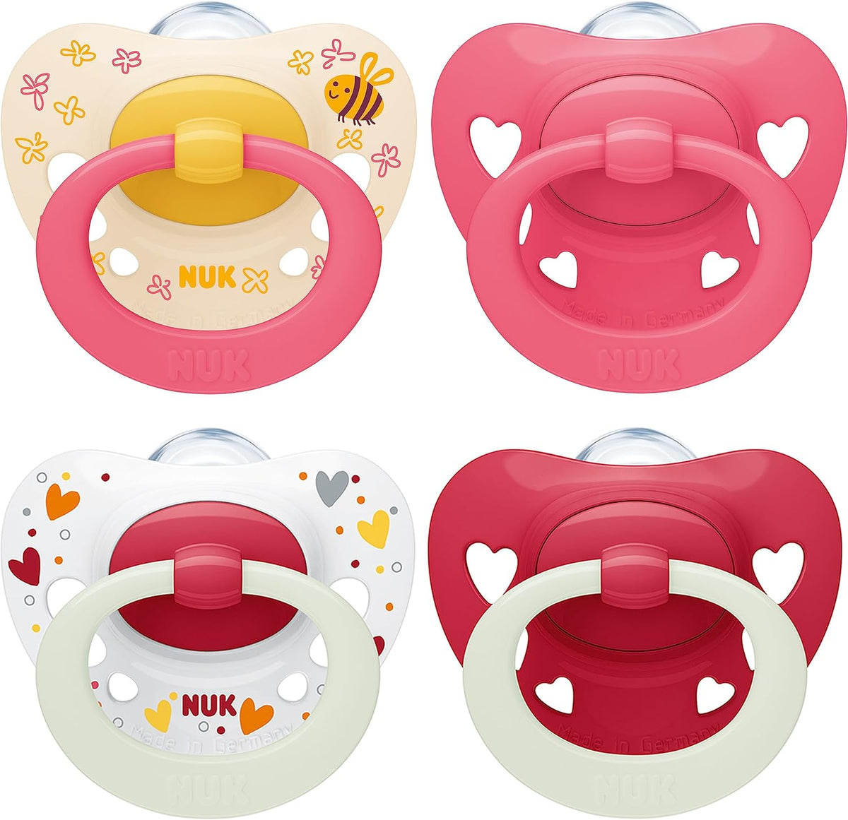 NUK Signature Day & Night Baby Dummy | 6-18 months | Soothes 95% of Babies | Heart-Shaped BPA-Free Silicone Soothers | Glow-in-the-Dark | Hearts | 4 Count