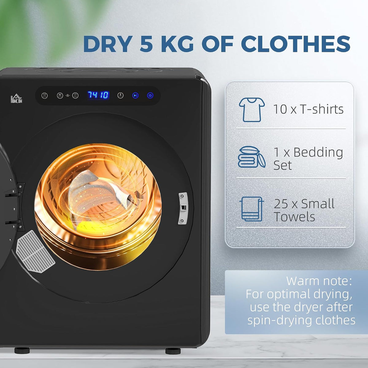 HOMCOM Vented Tumble Dryer 5kg Wet Laundry/3kg Dry Capacity 1000W Black