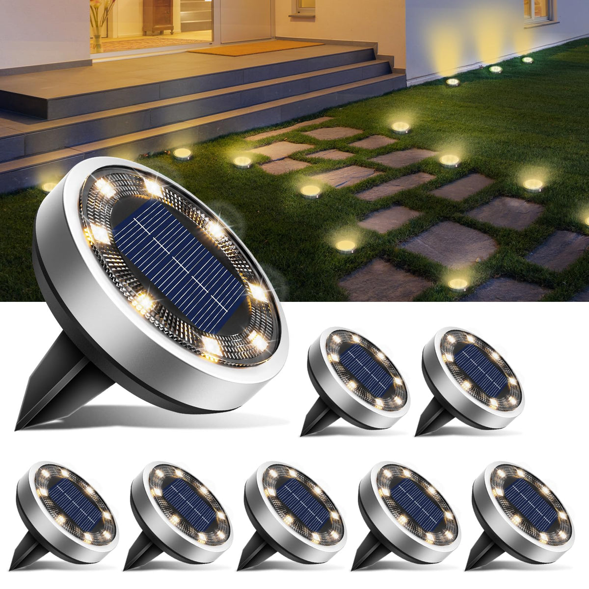 btfarm Solar Lights Outdoor Garden, 6 Pack 8 LED Solar Ground Disk Lights Outdoor IP65 Waterproof for Garden Pathway Lawn Patio Yard Landscape (Blue)